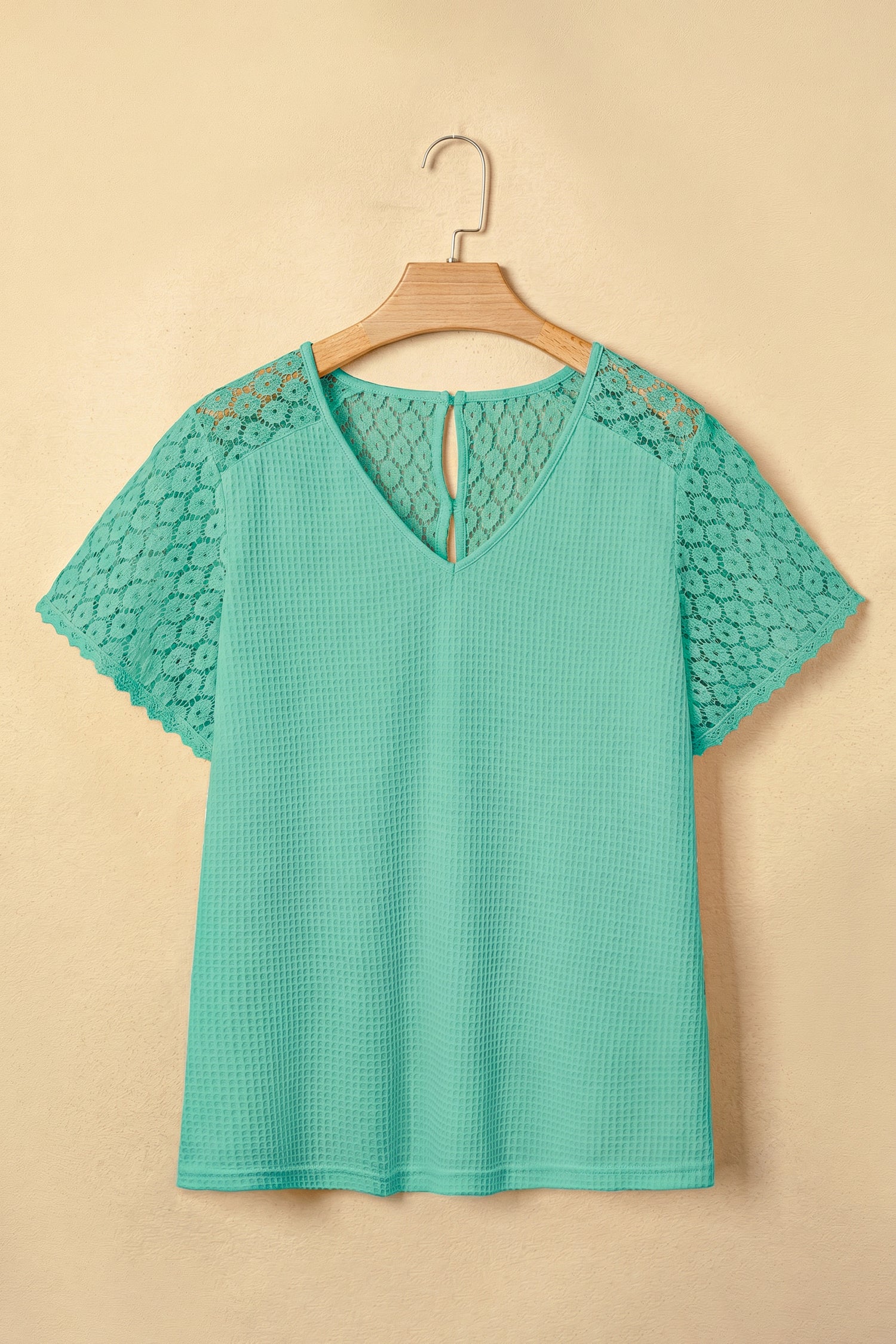 PRE-ORDER: Lace Splicing Button V Neck Waffle Knit Blouse
