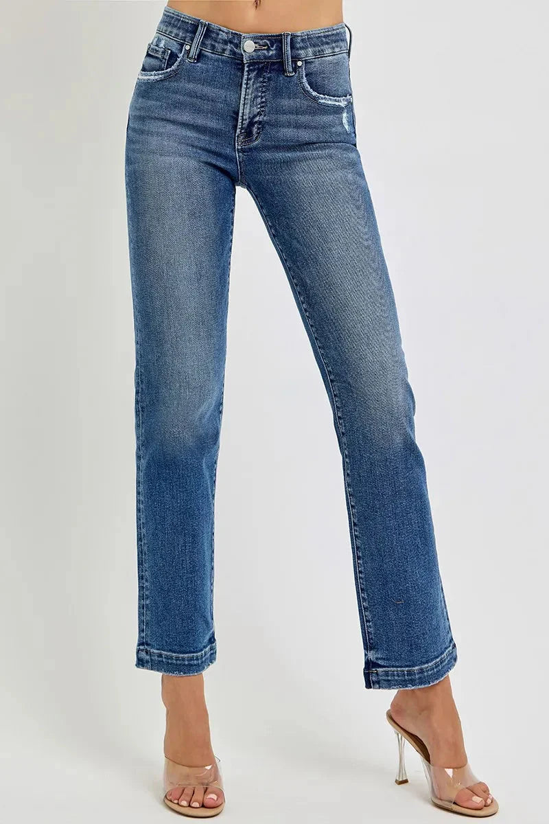 Tummy Control Elastic Band Mid Rise Straight Jeans