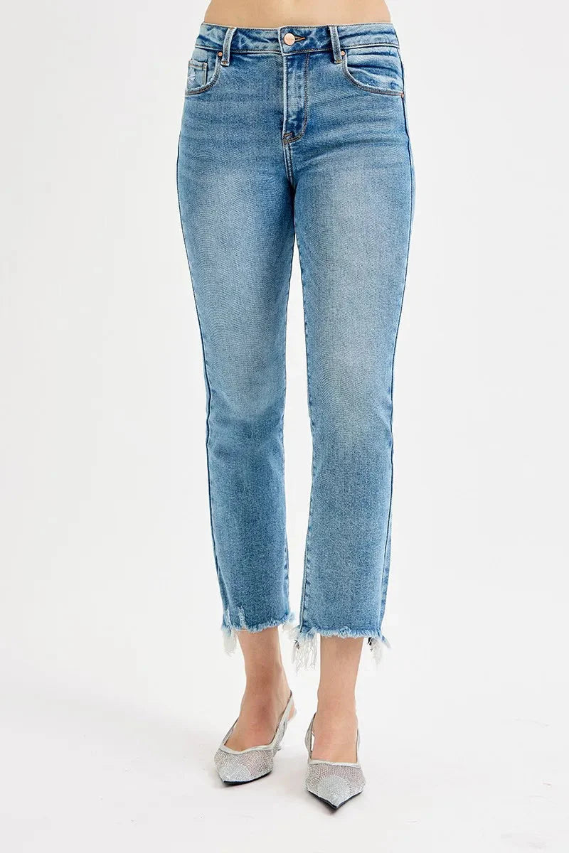 High Rise Crop Straight Slim Medium Wash Jeans