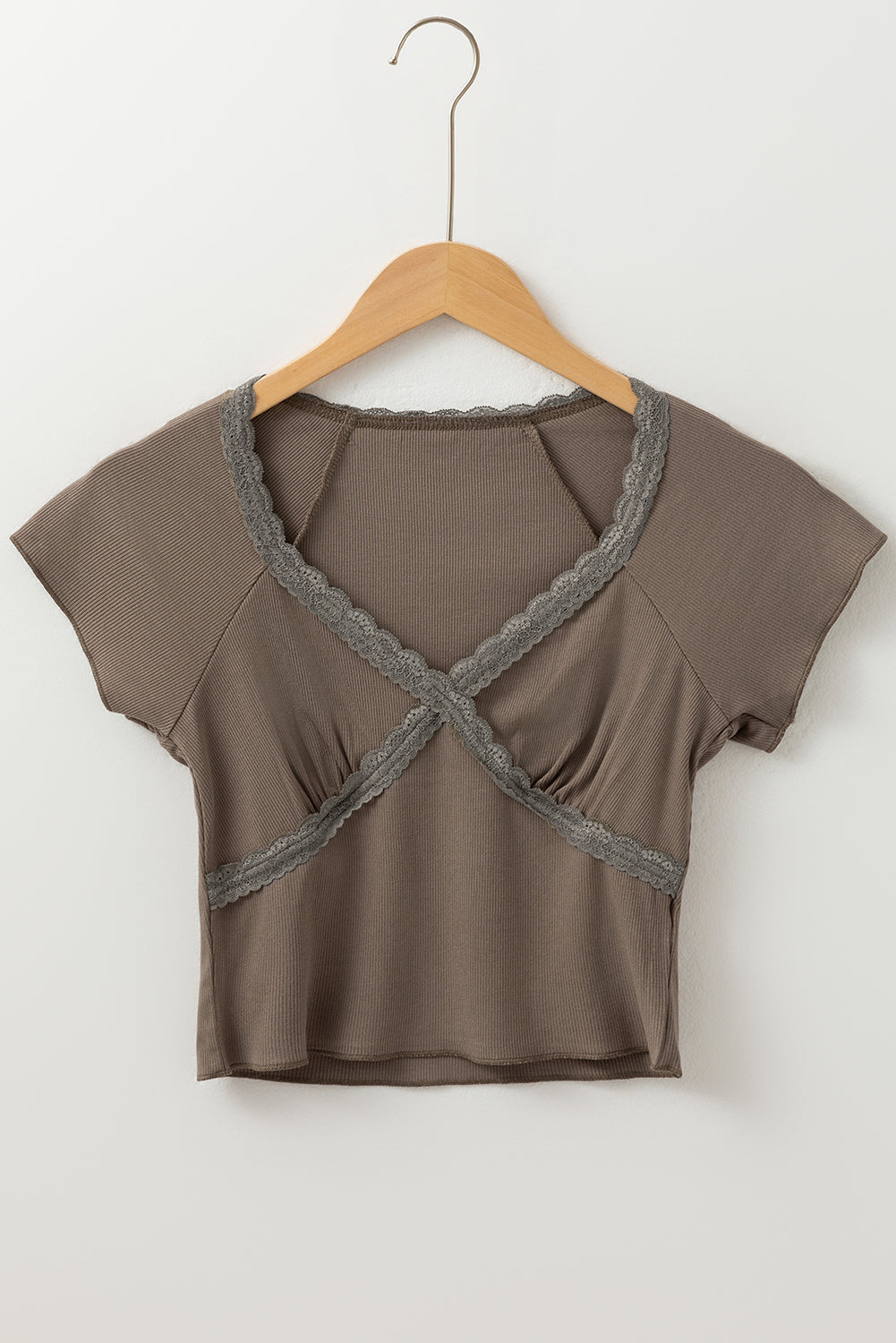 Dark Brown Lace Criss Cross Slim Fit V Neck Tee
