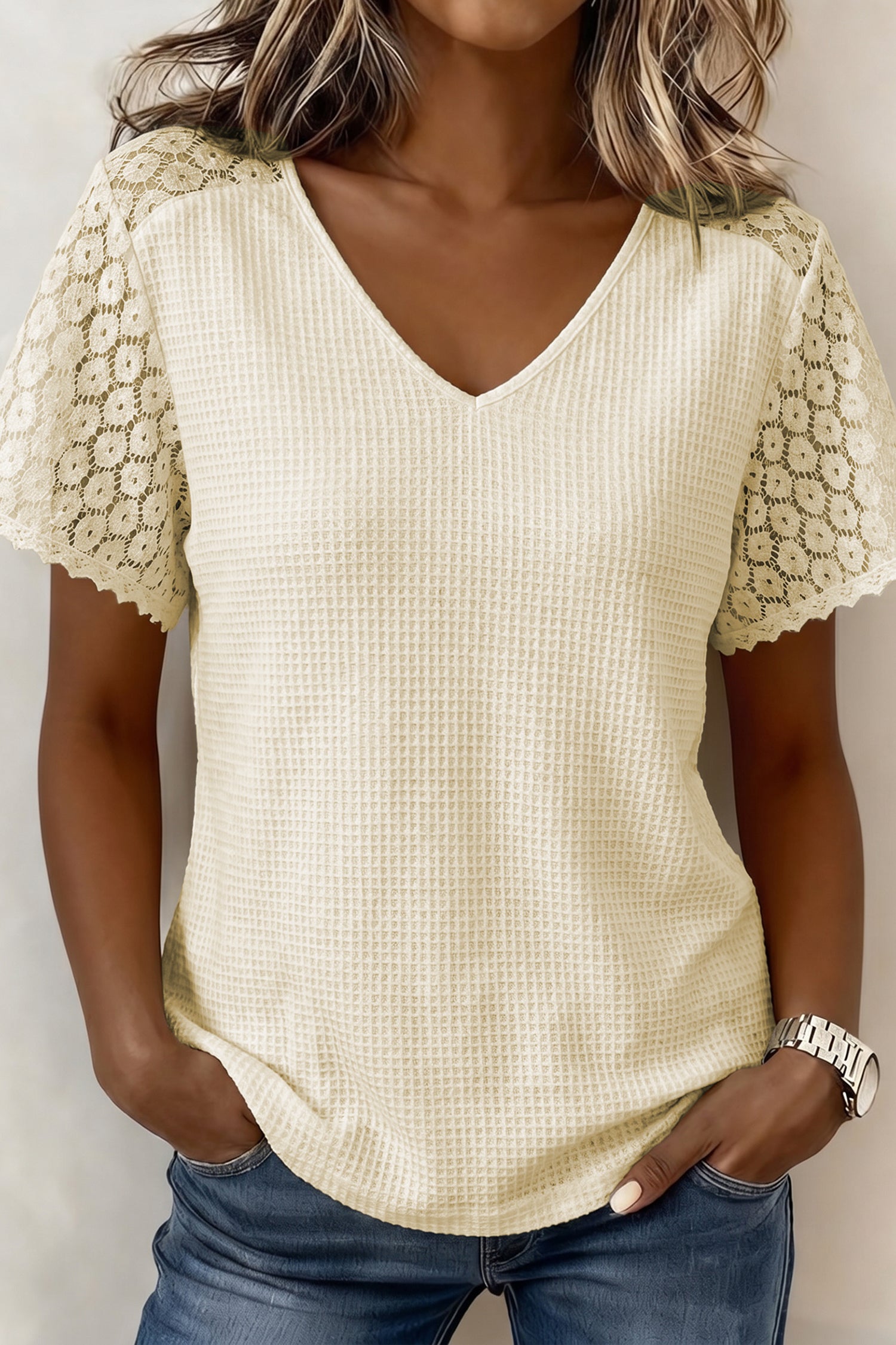 PRE-ORDER: Lace Splicing Button V Neck Waffle Knit Blouse
