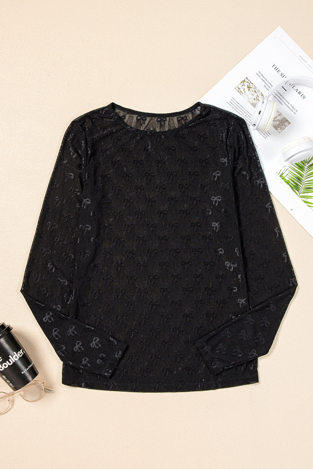 PRE-ORDER: Bow Pattern Long Sleeve Slim Fit Mesh Top