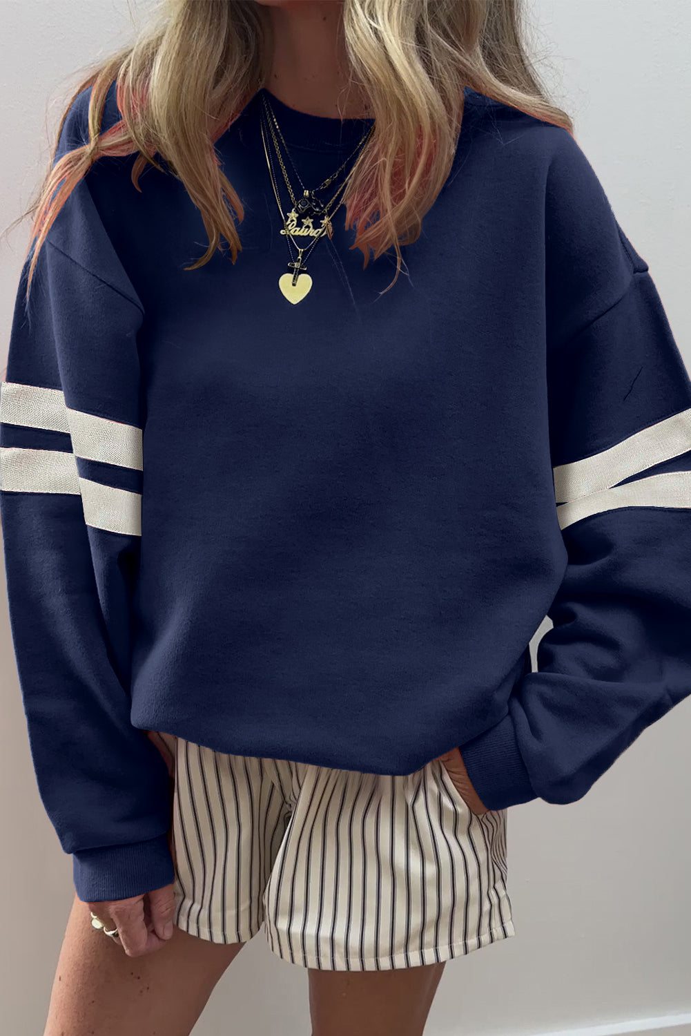 Preppy Striped Sleeve Loose Sweatshirt