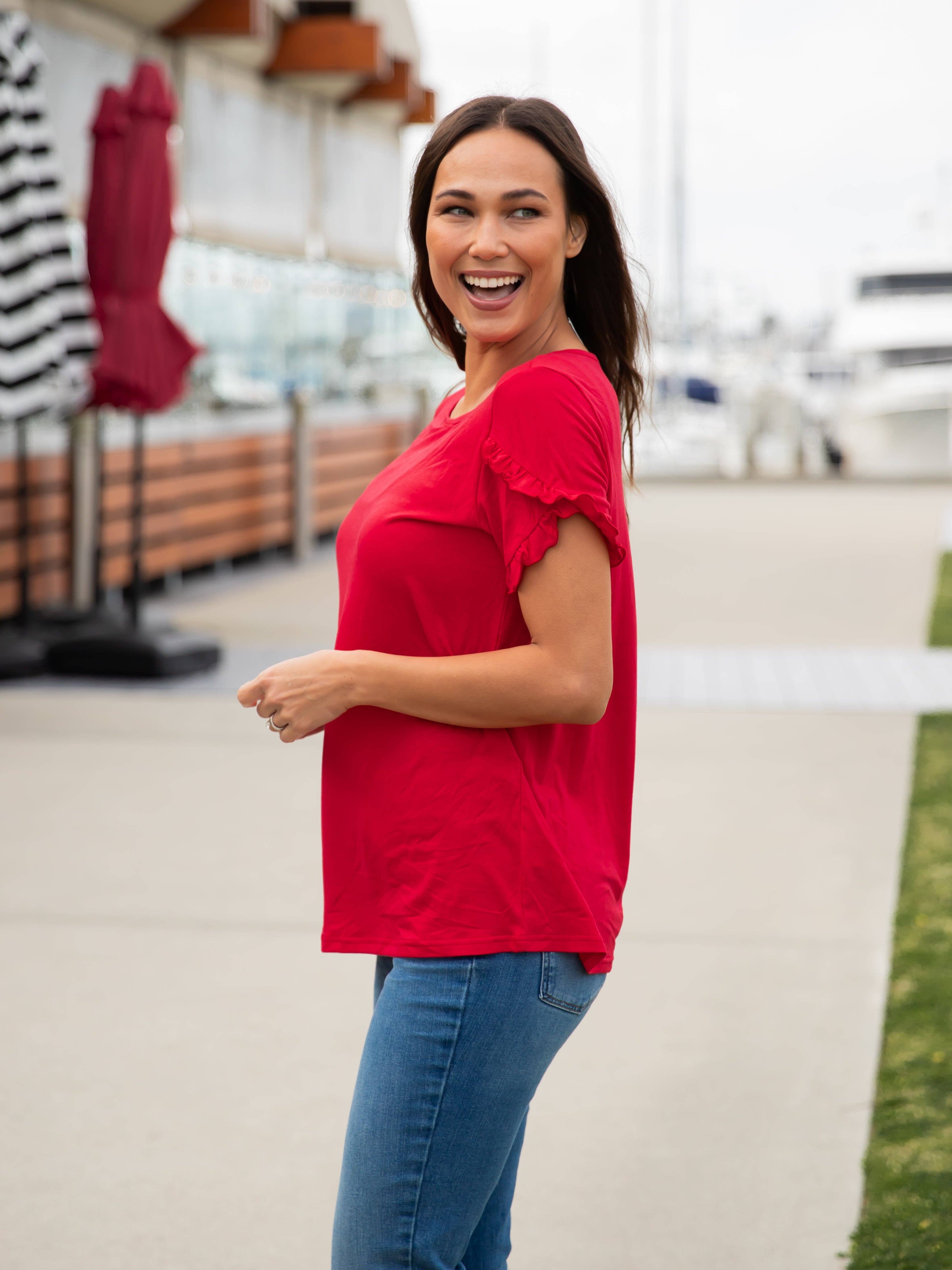 Tickled Teal - Ruffle Detail Short Sleeve Top