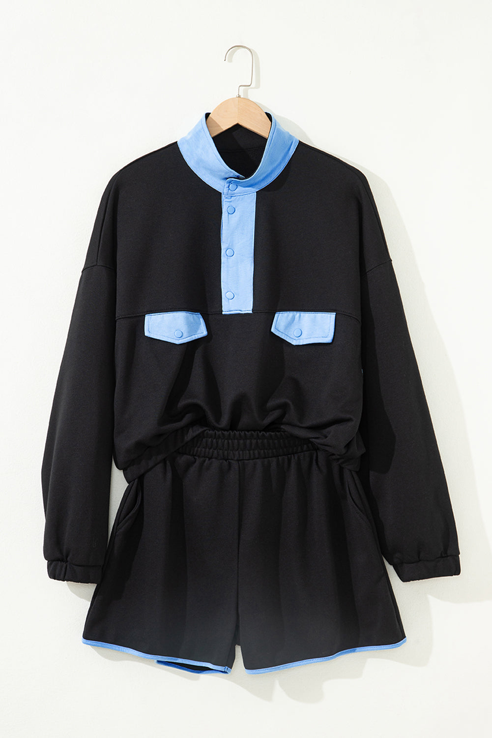 PRE-ORDER: Colorblock Patchwork Half Button Pullover and Shorts Outfit