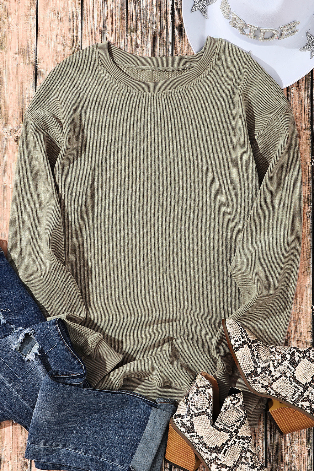 Solid Ribbed Knit Round Neck Pullover Sweatshirt