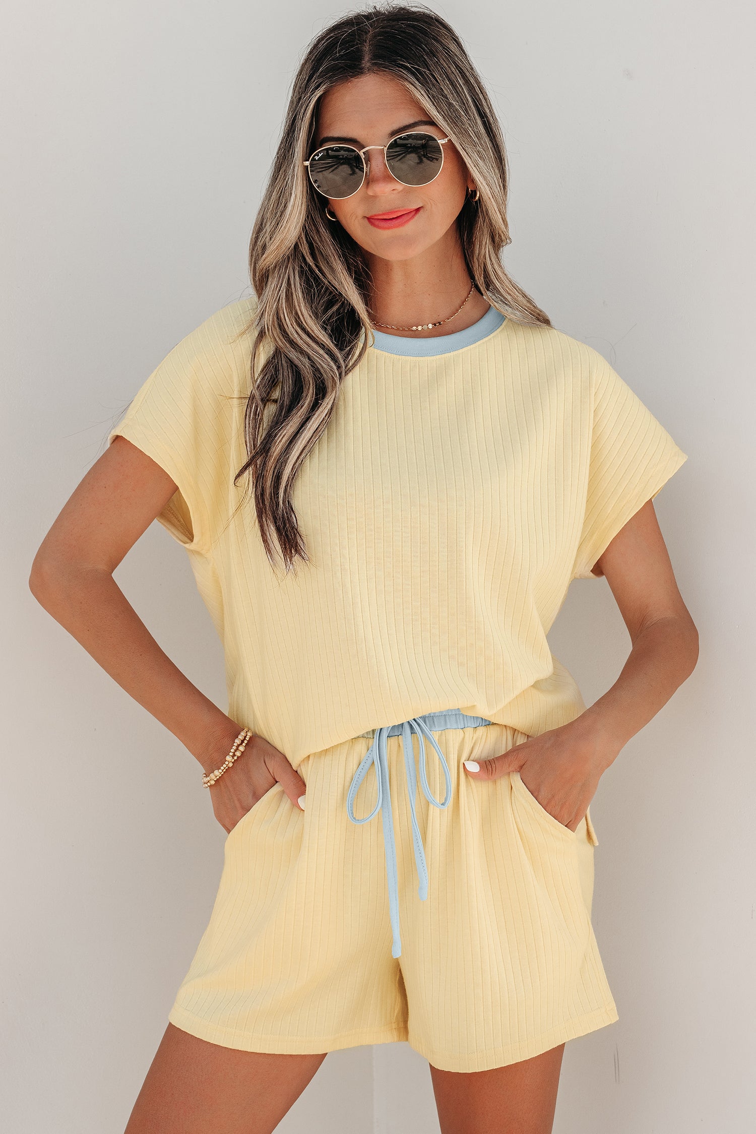 Soft Ribbed Color Block Trim Casual Short Set