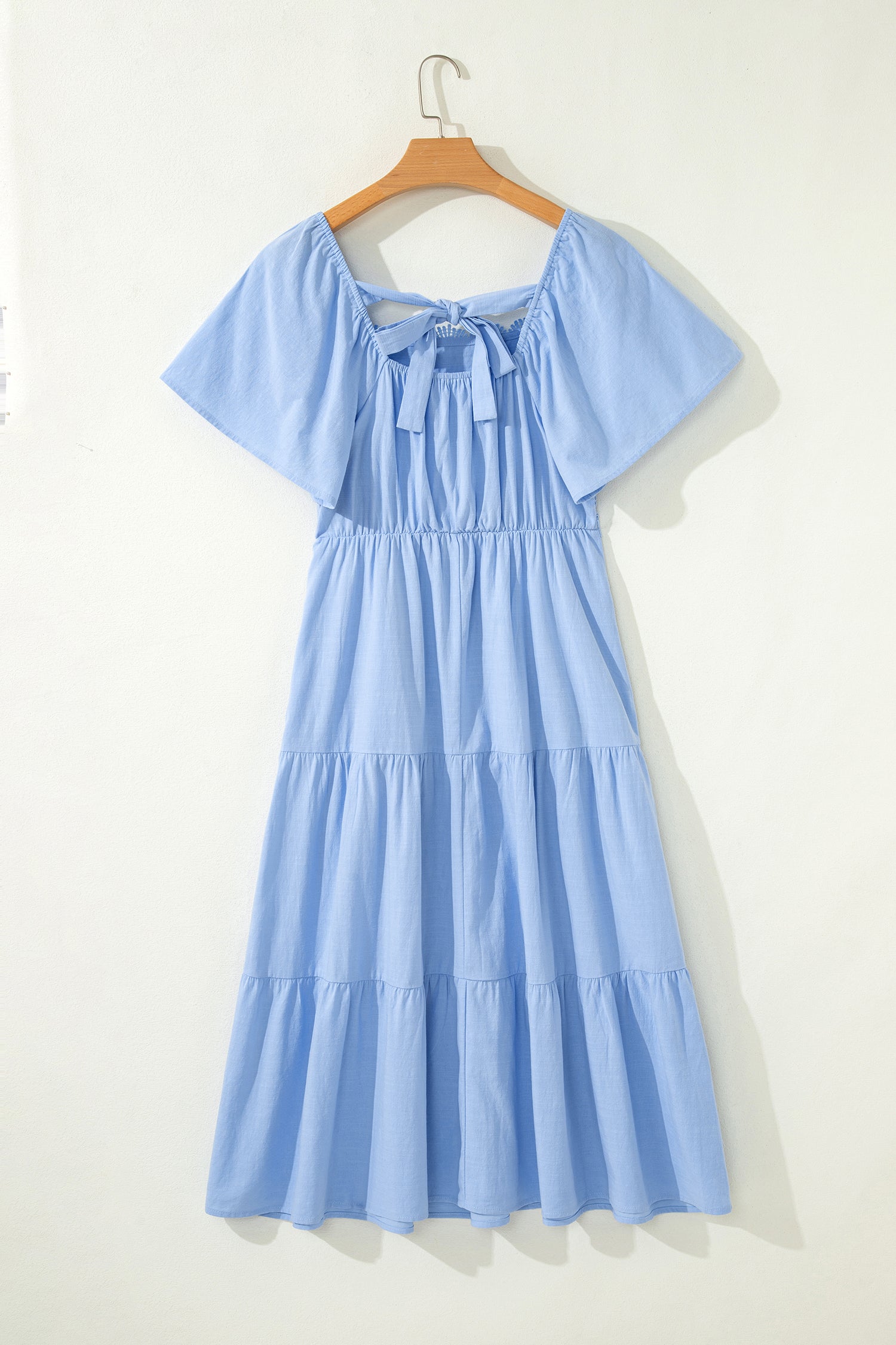 PRE-ORDER: Short Sleeve Lace Detail Square Neck Tiered Midi Dress