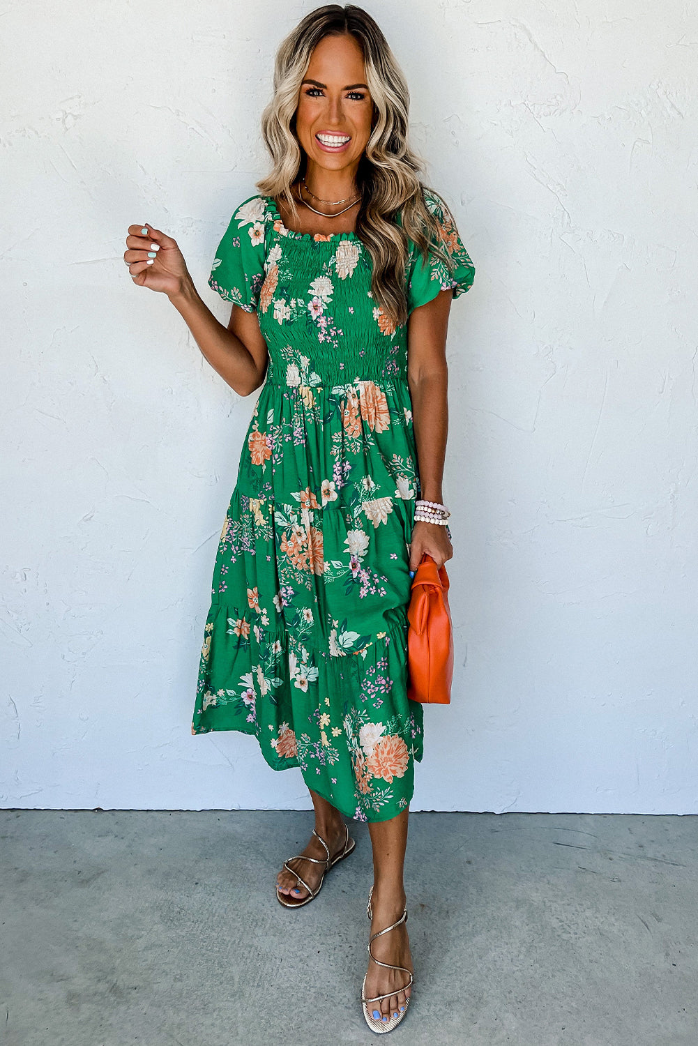 Floral Print Bubble Sleeve Smocked Tiered Midi Dress