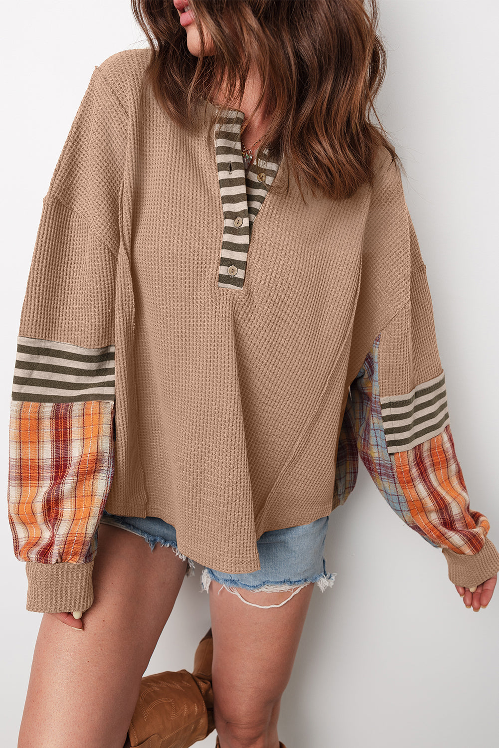 Striped Plaid Patchwork Waffle Knit Top