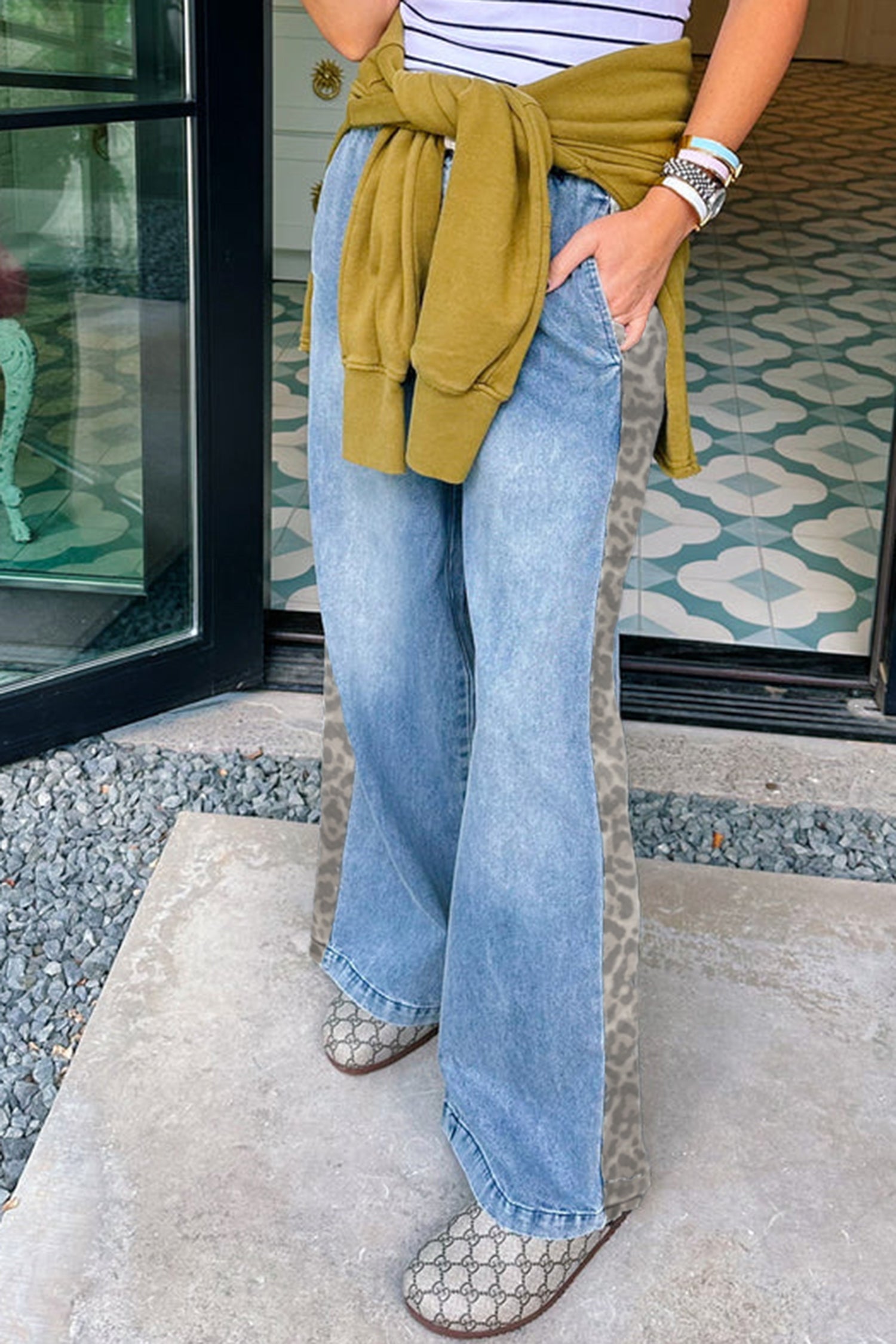 PRE-ORDER: Beau Blue Drawstring Elastic Waist Leopard Striped Side Panel Wide Leg Jeans