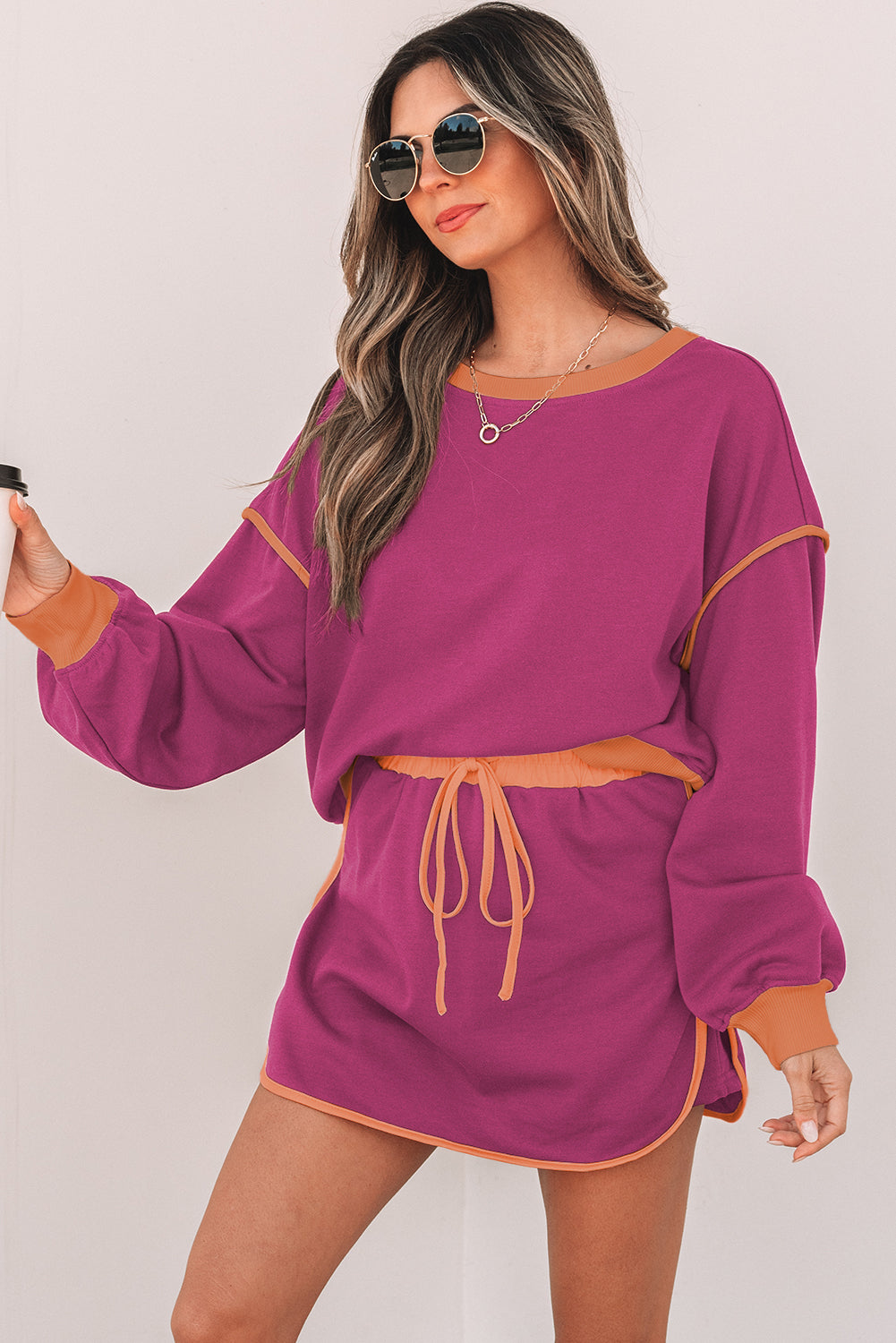 Contrast Pullover and Lace-up Waist Skort Set