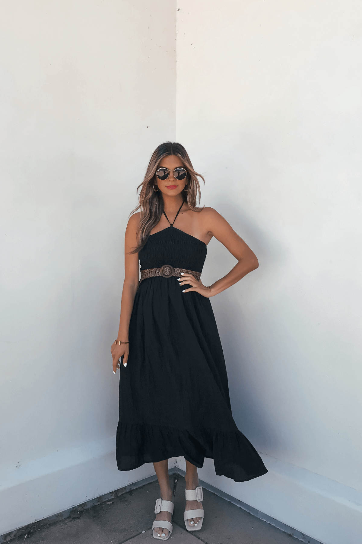 Camille Black Halter Belted Midi Dress