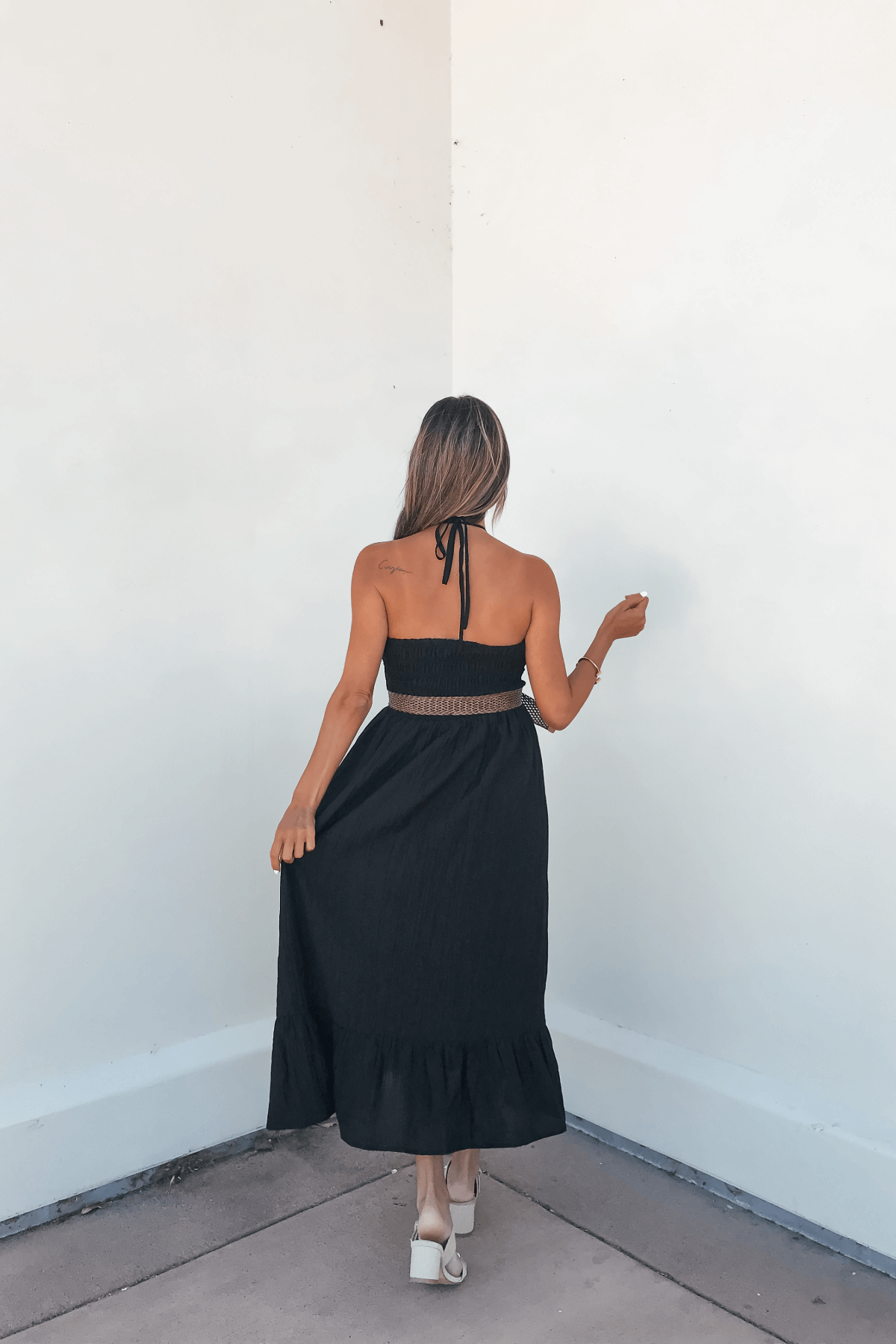 Camille Black Halter Belted Midi Dress