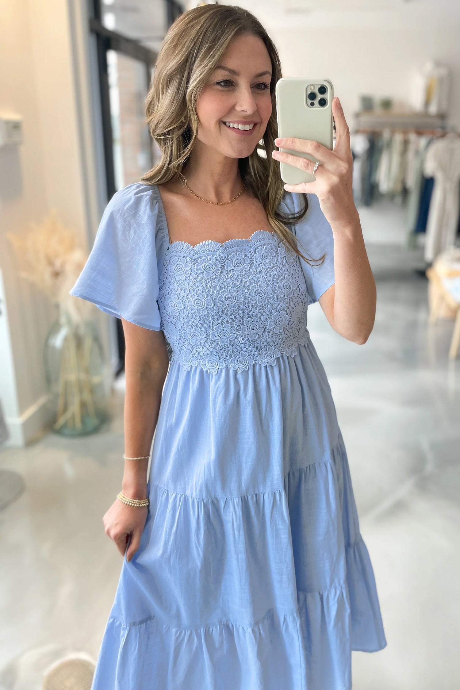 PRE-ORDER: Short Sleeve Lace Detail Square Neck Tiered Midi Dress