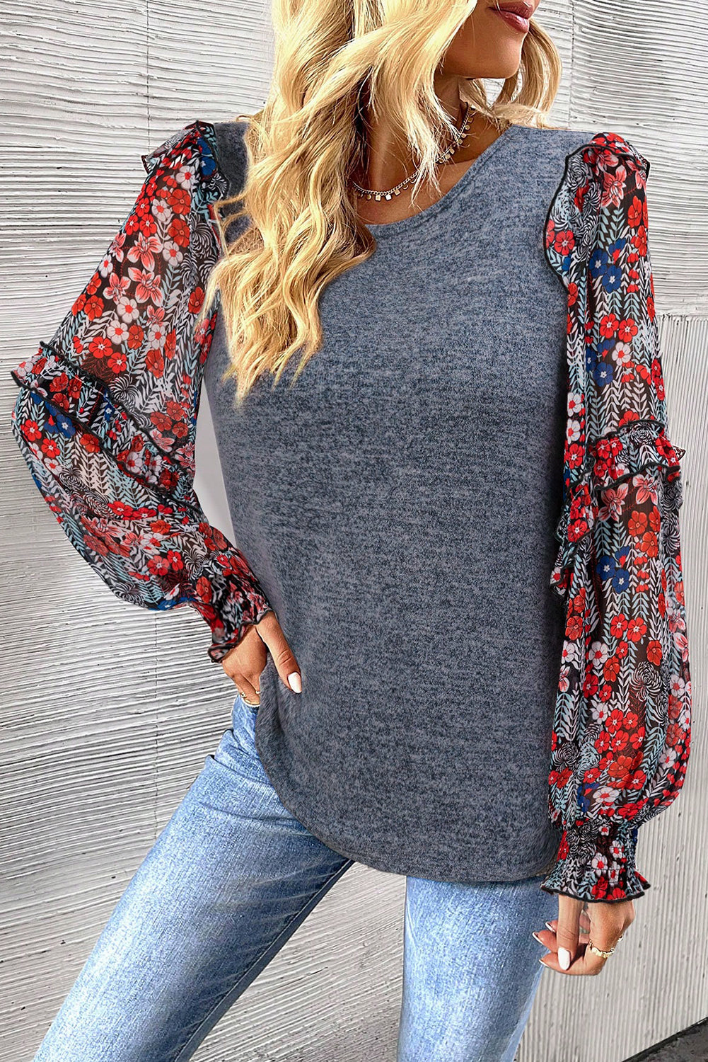 Floral Ruffle Sleeve Patchwork Top