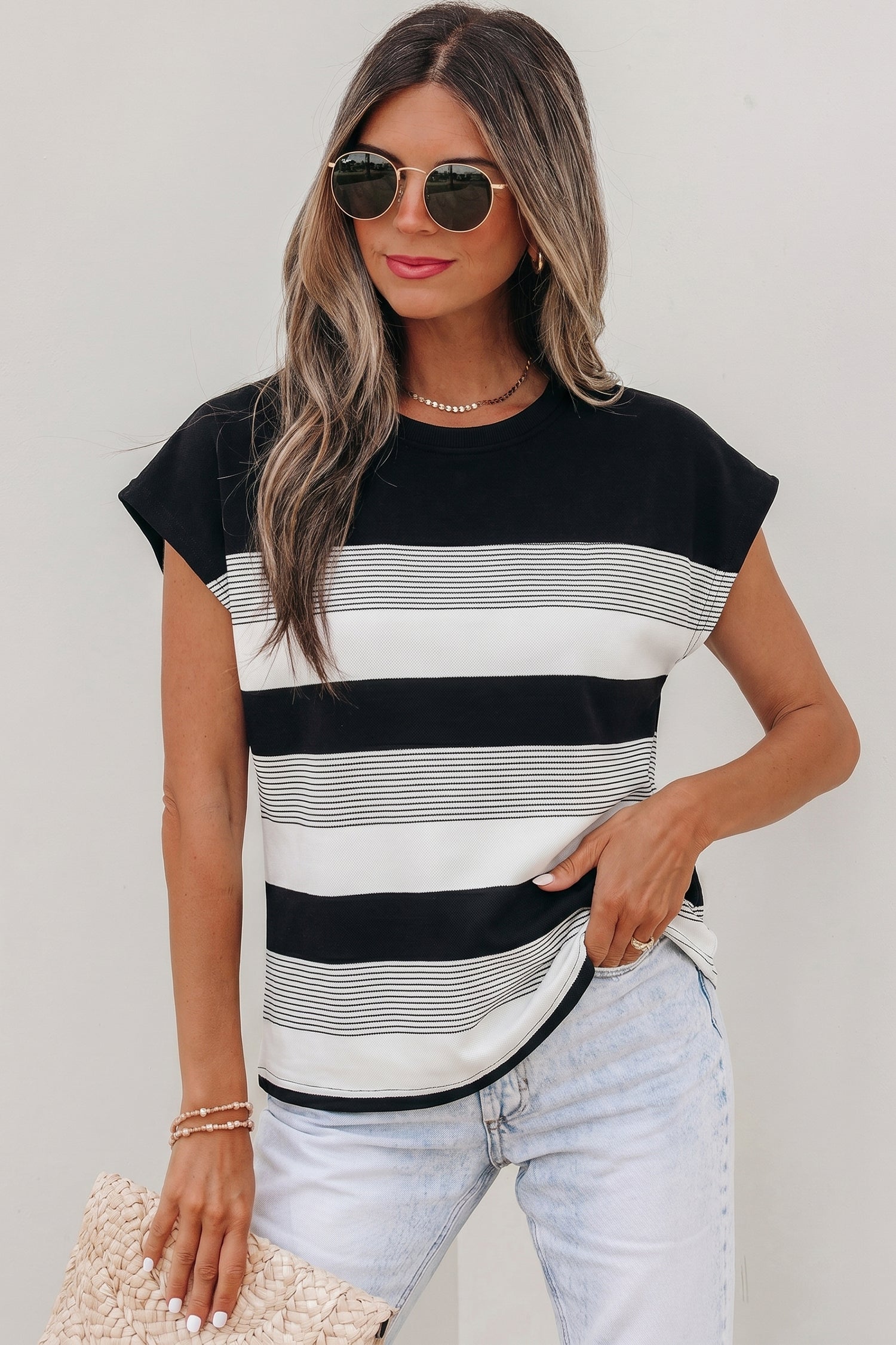 PRE-ORDER: Striped Crew Neck Cap Sleeve Tee
