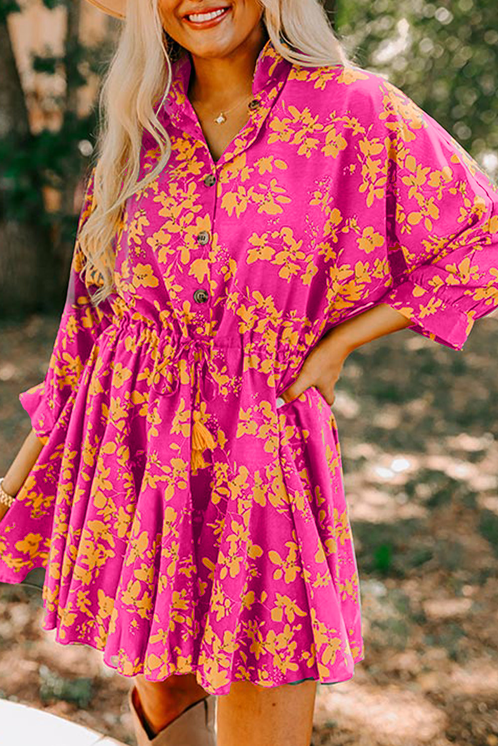 Floral Print Drawstring Tunic Dress
