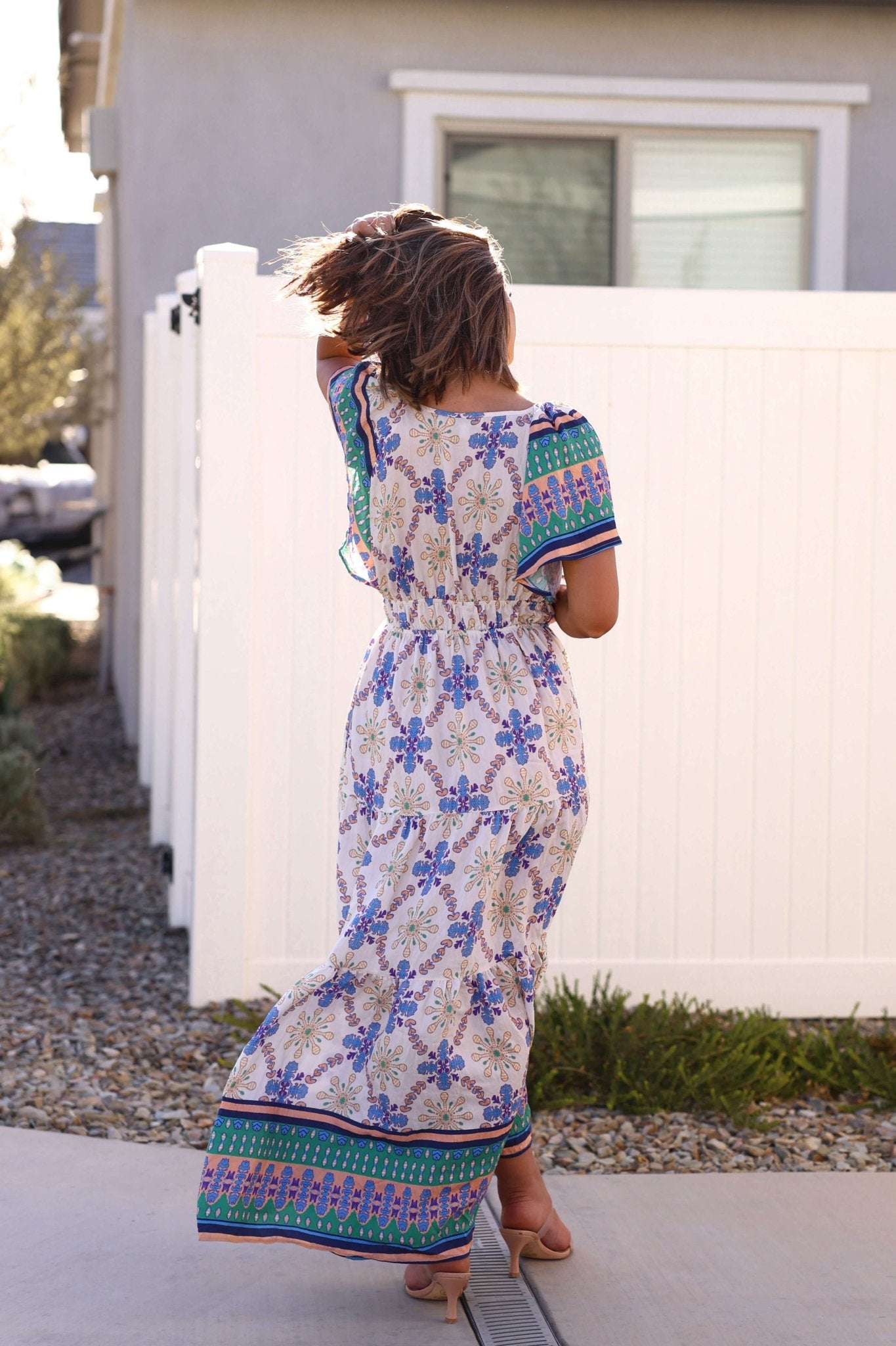 Claire Blue Print Tiered Maxi Dress