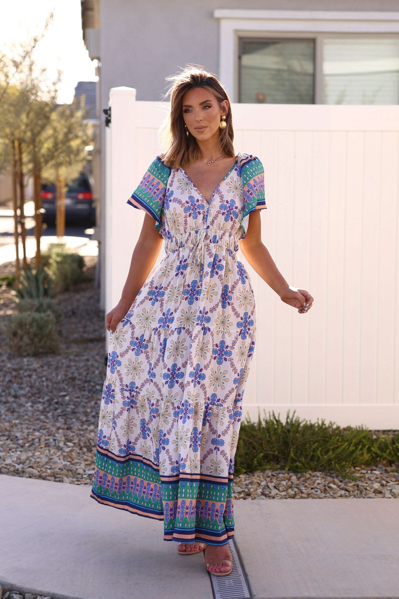 Claire Blue Print Tiered Maxi Dress