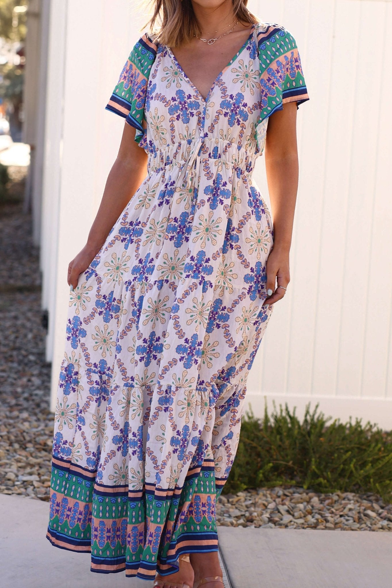 Claire Blue Print Tiered Maxi Dress