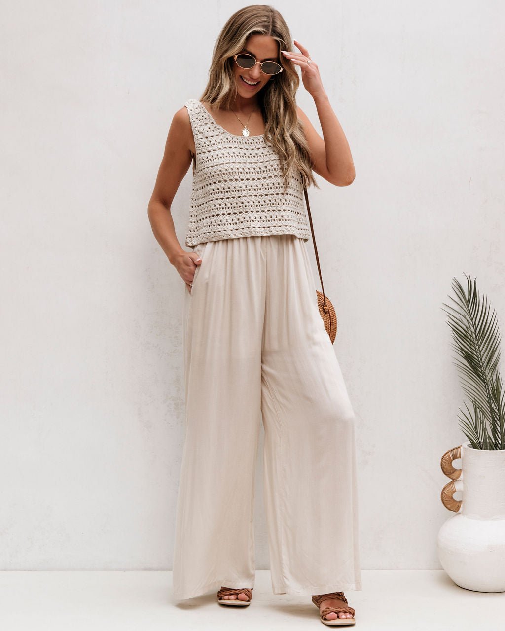 Cream Crochet Slit Jumpsuit