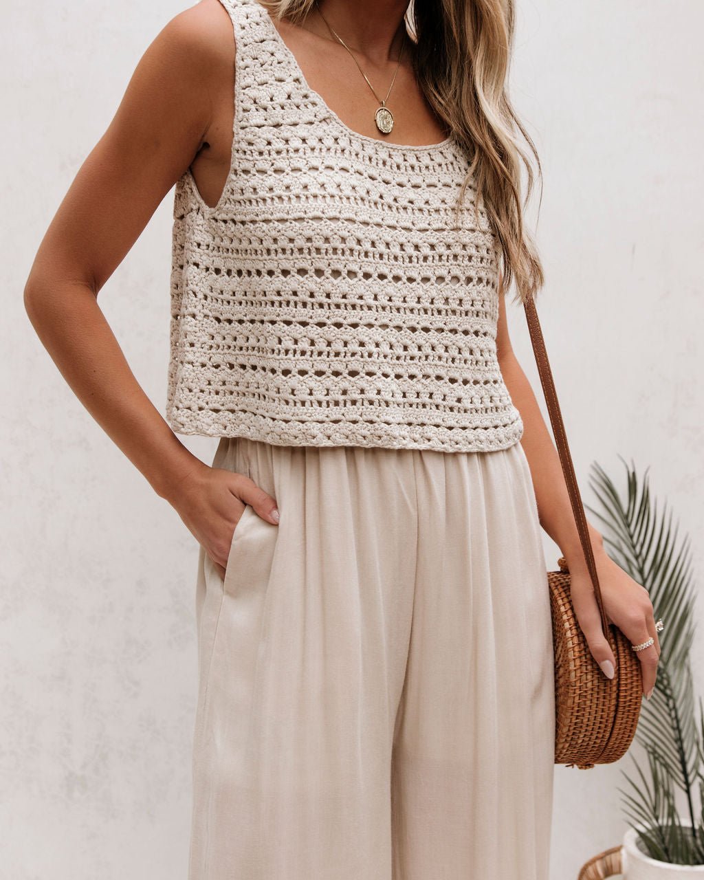 Cream Crochet Slit Jumpsuit