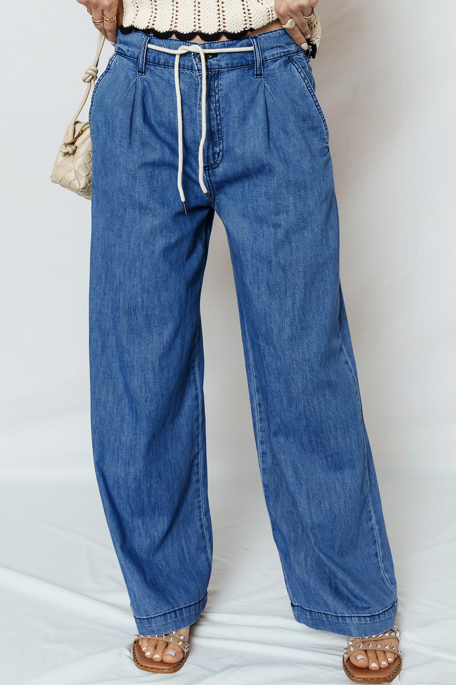 PRE-ORDER: Dusk Blue Lace-up Pull on Wide Leg Jeans