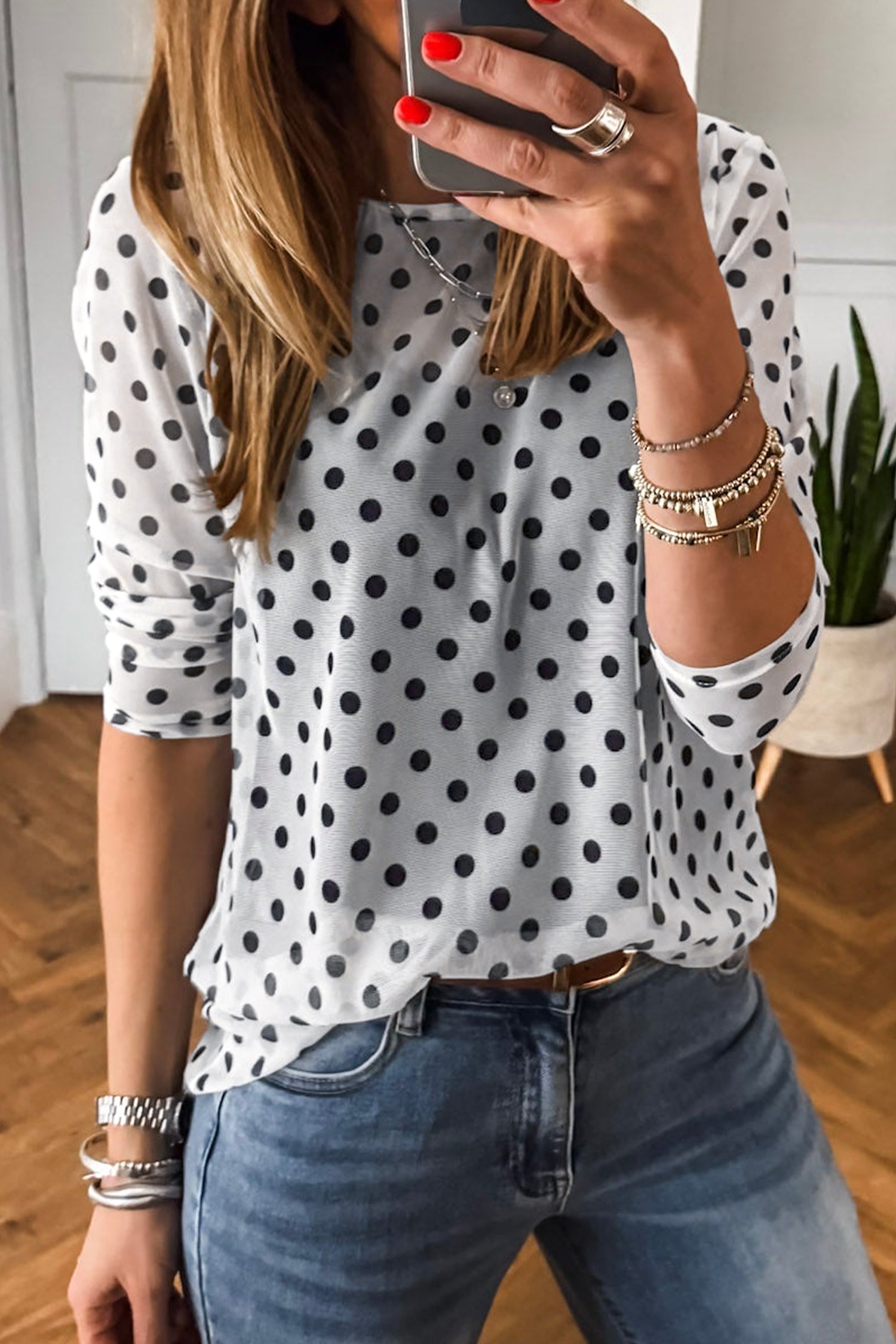 PRE-ORDER: Black Polka Dot Mesh Long Sleeve Top