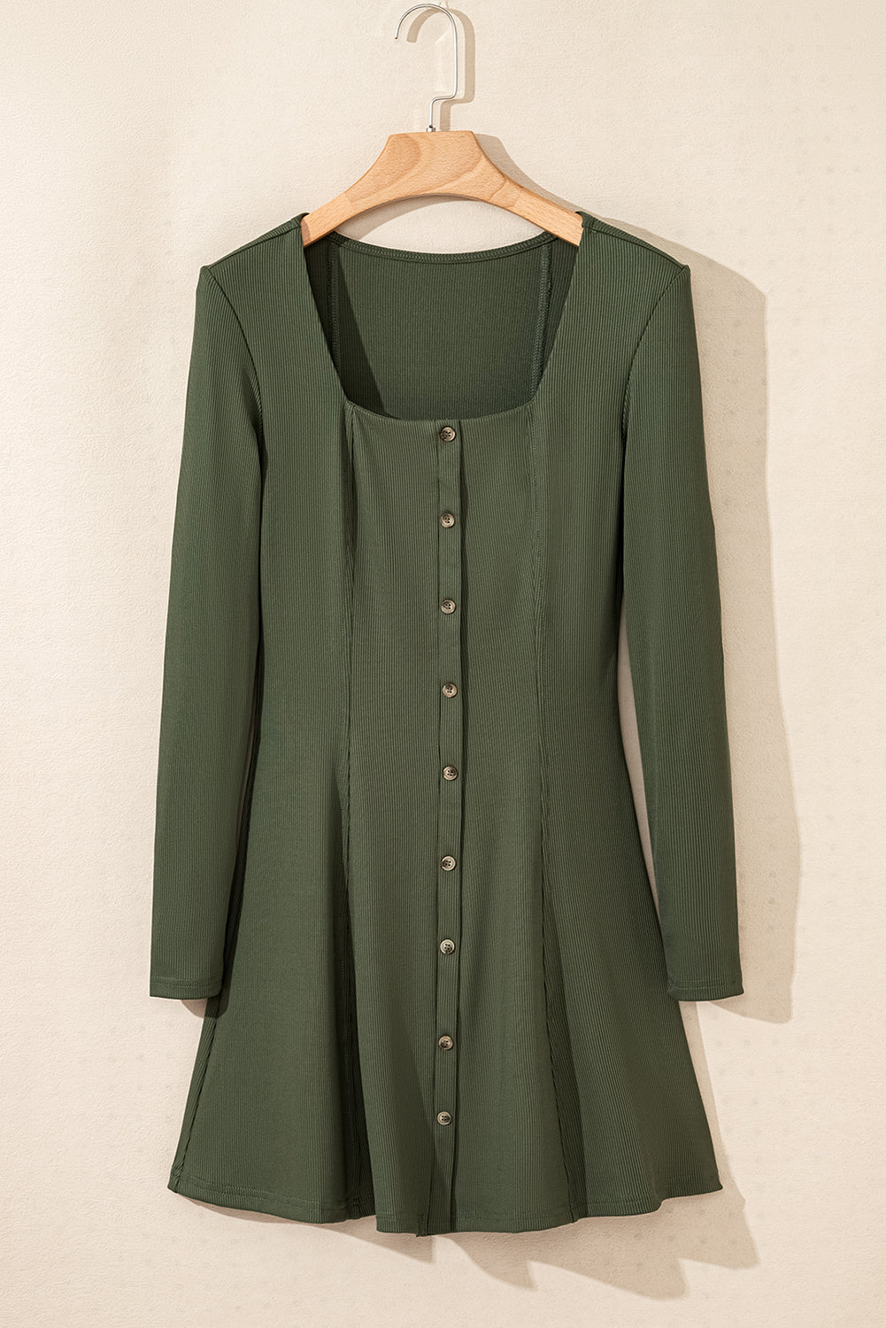 Green Ribbed Knit Square Neck Buttoned Long Sleeve Mini Dress