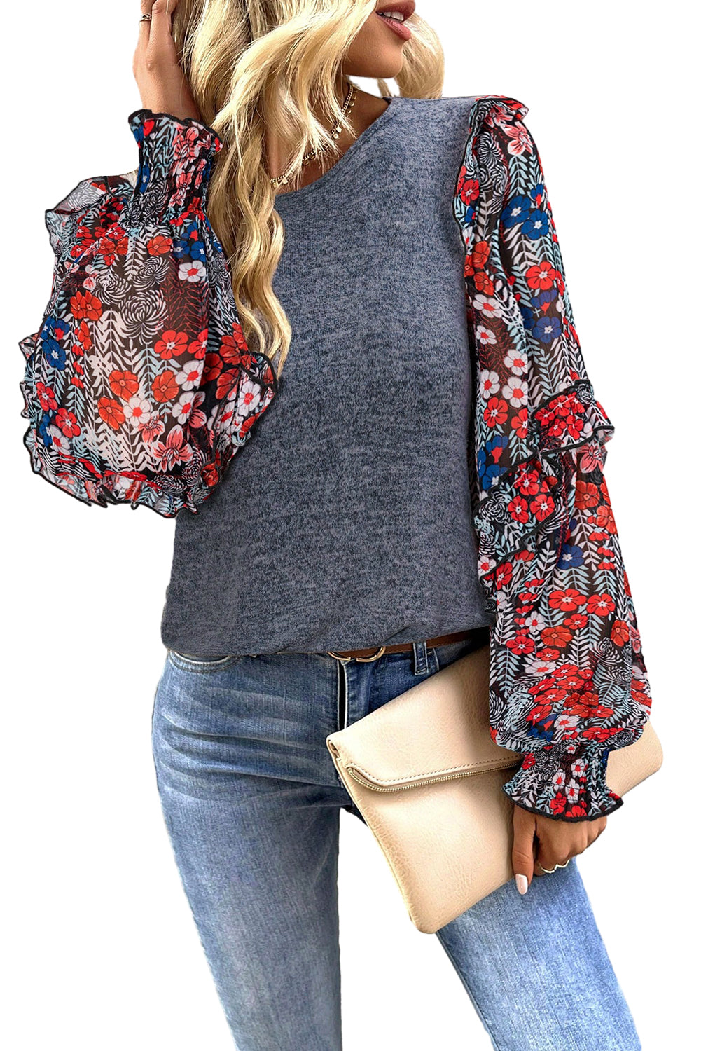 Floral Ruffle Sleeve Patchwork Top