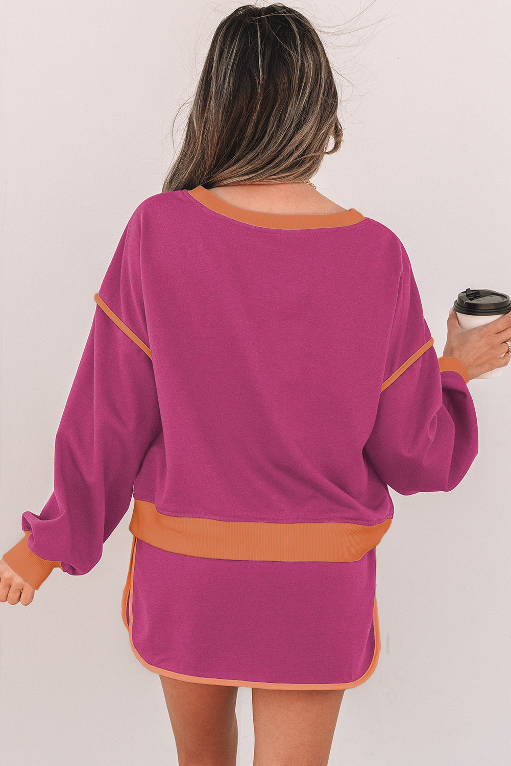 Contrast Pullover and Lace-up Waist Skort Set