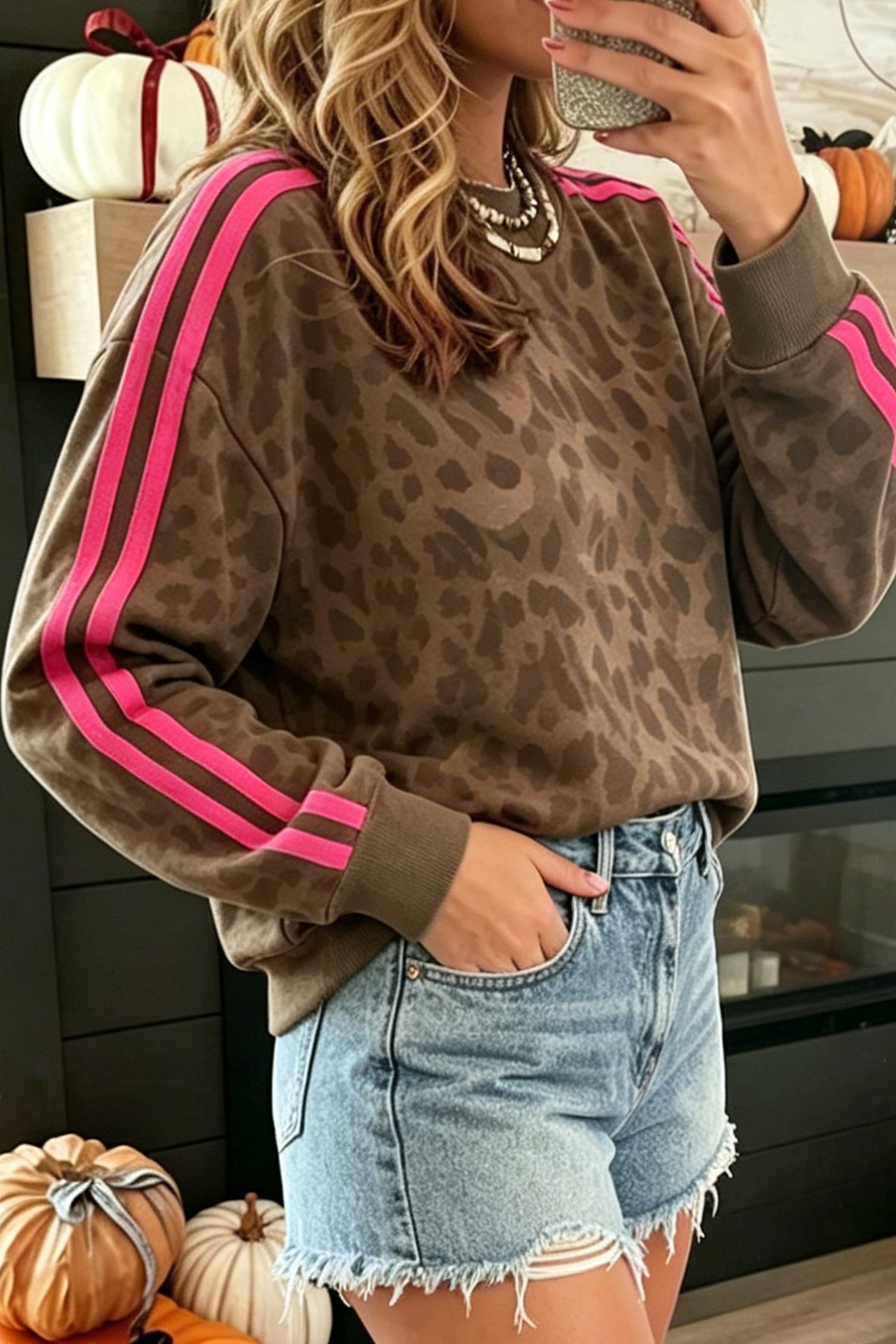 PRE-ORDER: Leopard Print Striped Contrast Relaxed Pullover