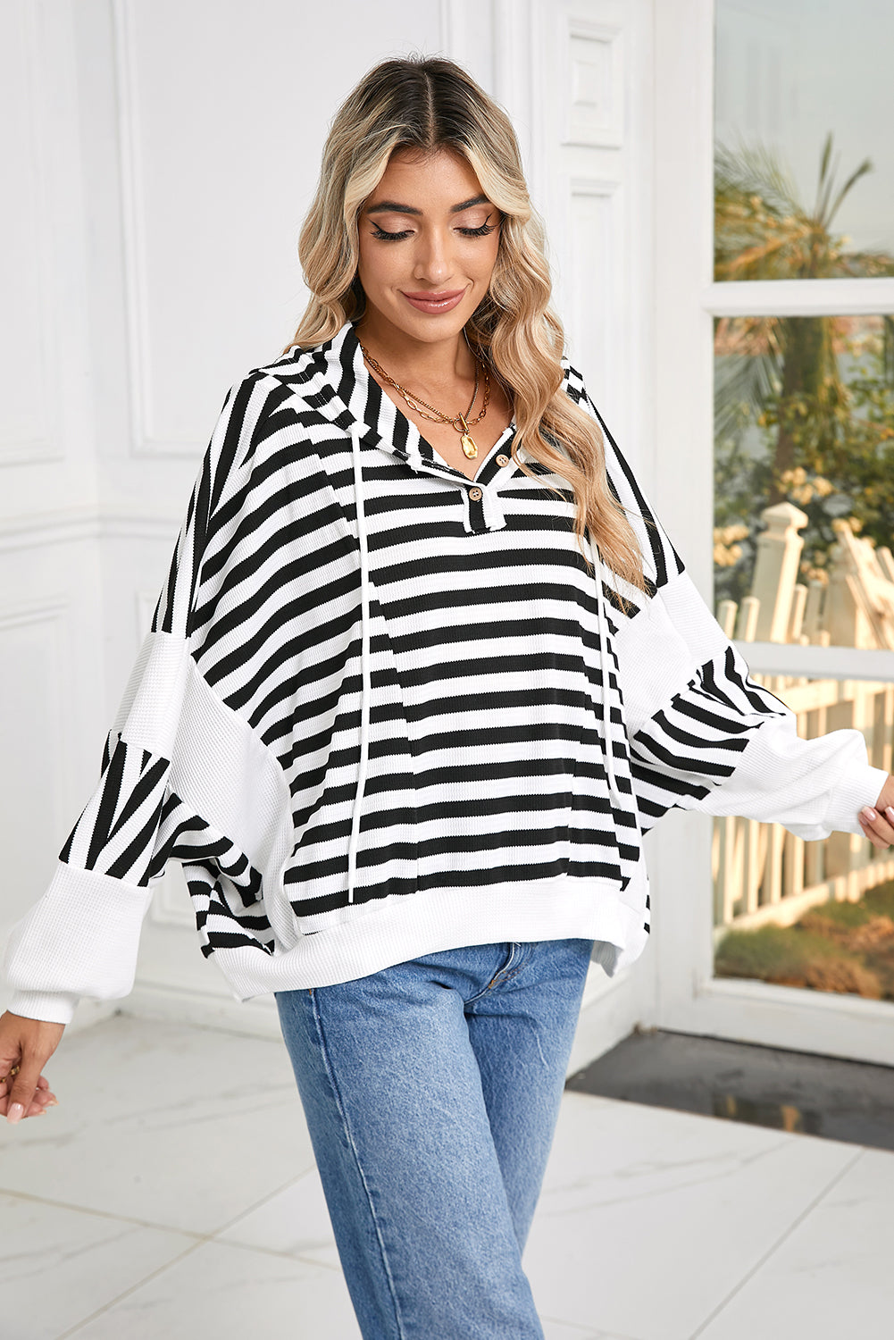 Black White Striped Waffle Patchwork Baggy Hooded Top