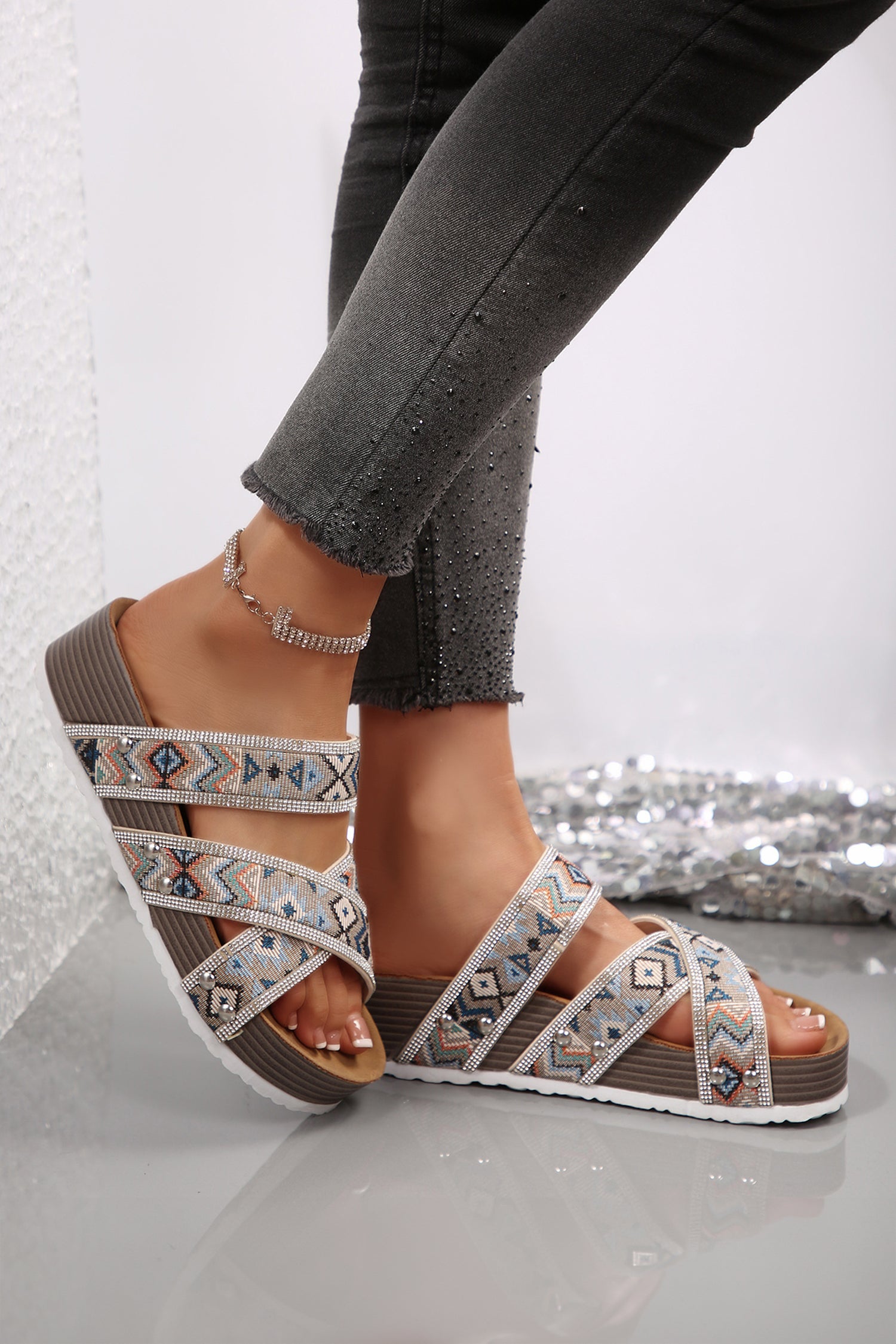PRE-ORDER: Tribal Geometric Rhinestone Embellished Platform Sandals