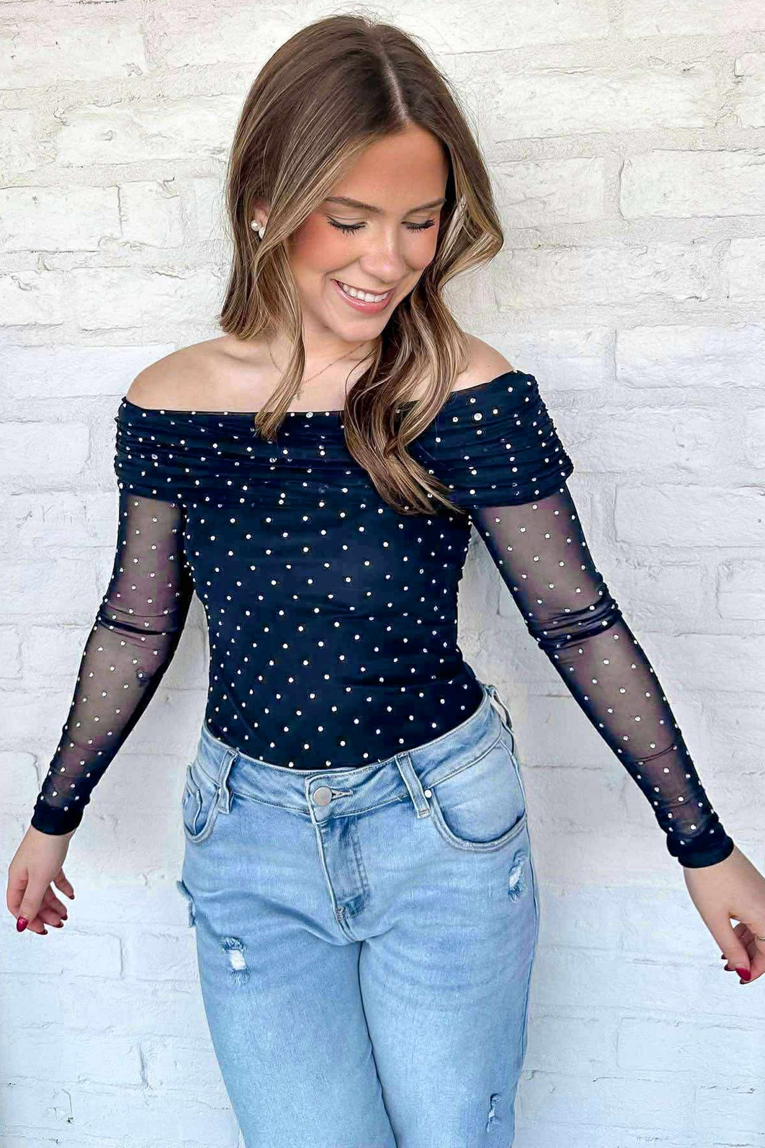 PRE-ORDER: Blue Polka Dot Mesh Off-Shoulder Top