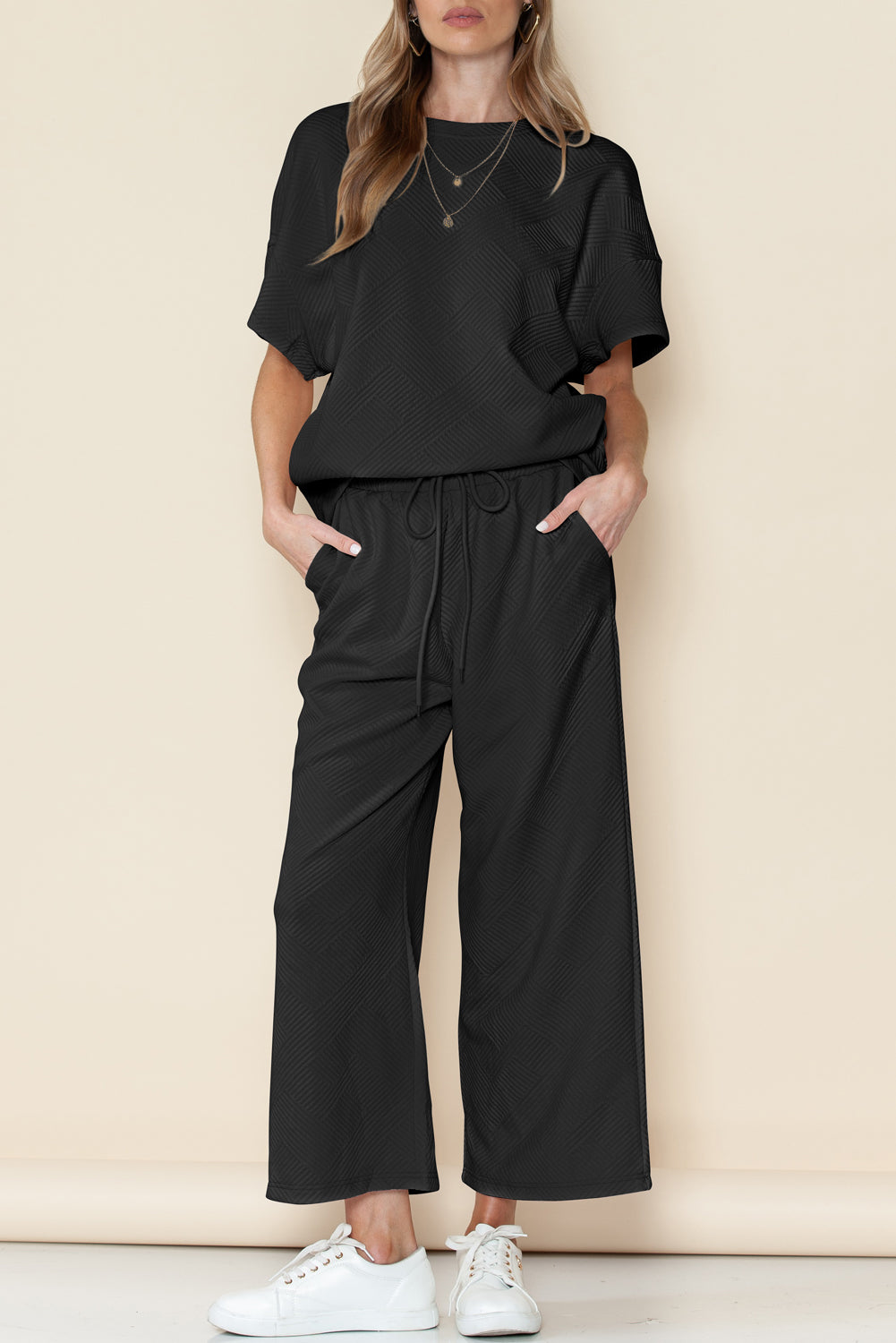 Textured Loose Fit Tee and Pants Set