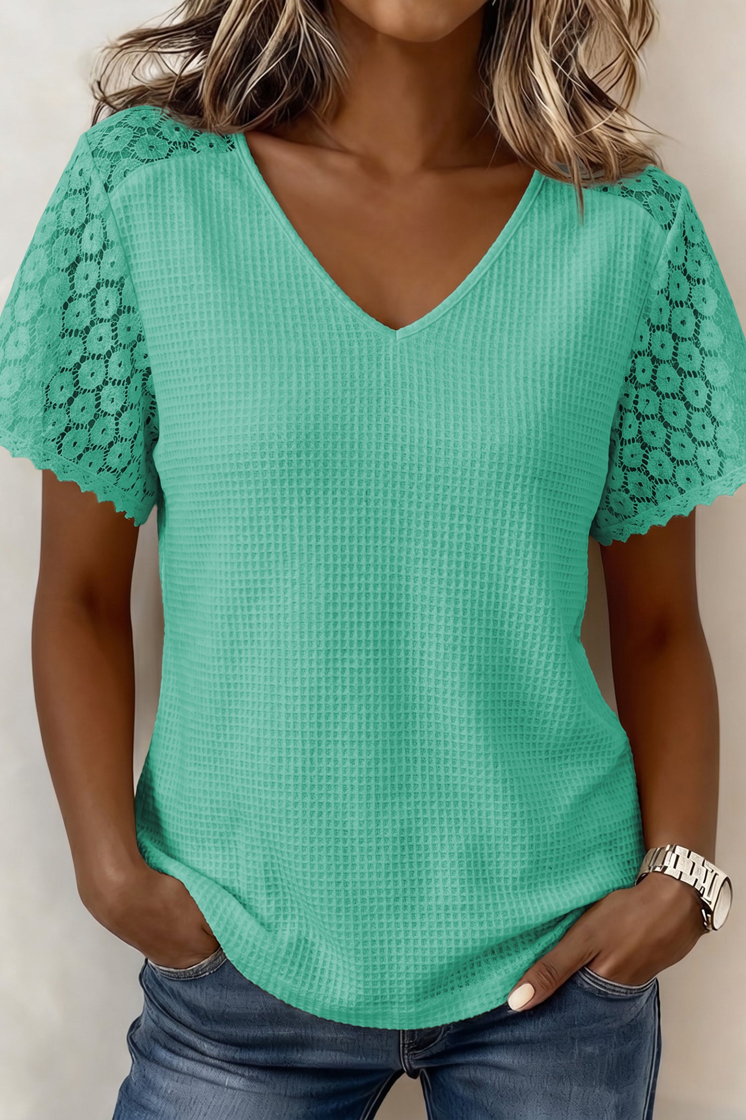 PRE-ORDER: Lace Splicing Button V Neck Waffle Knit Blouse