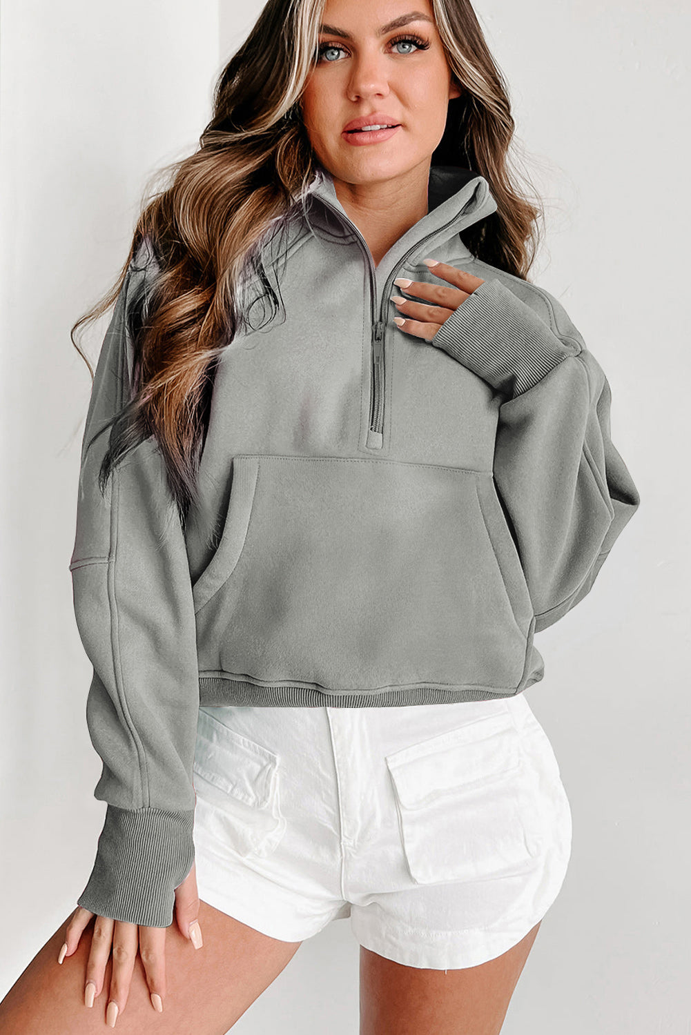 PRE-ORDER: Zip Up Stand Collar Thumbhole Sleeve Sweatshirt