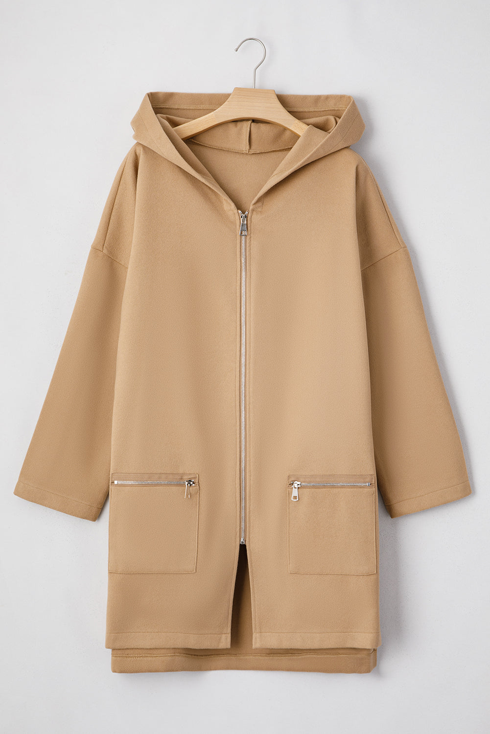 Light French Beige Casual Zip up Hooded Coat