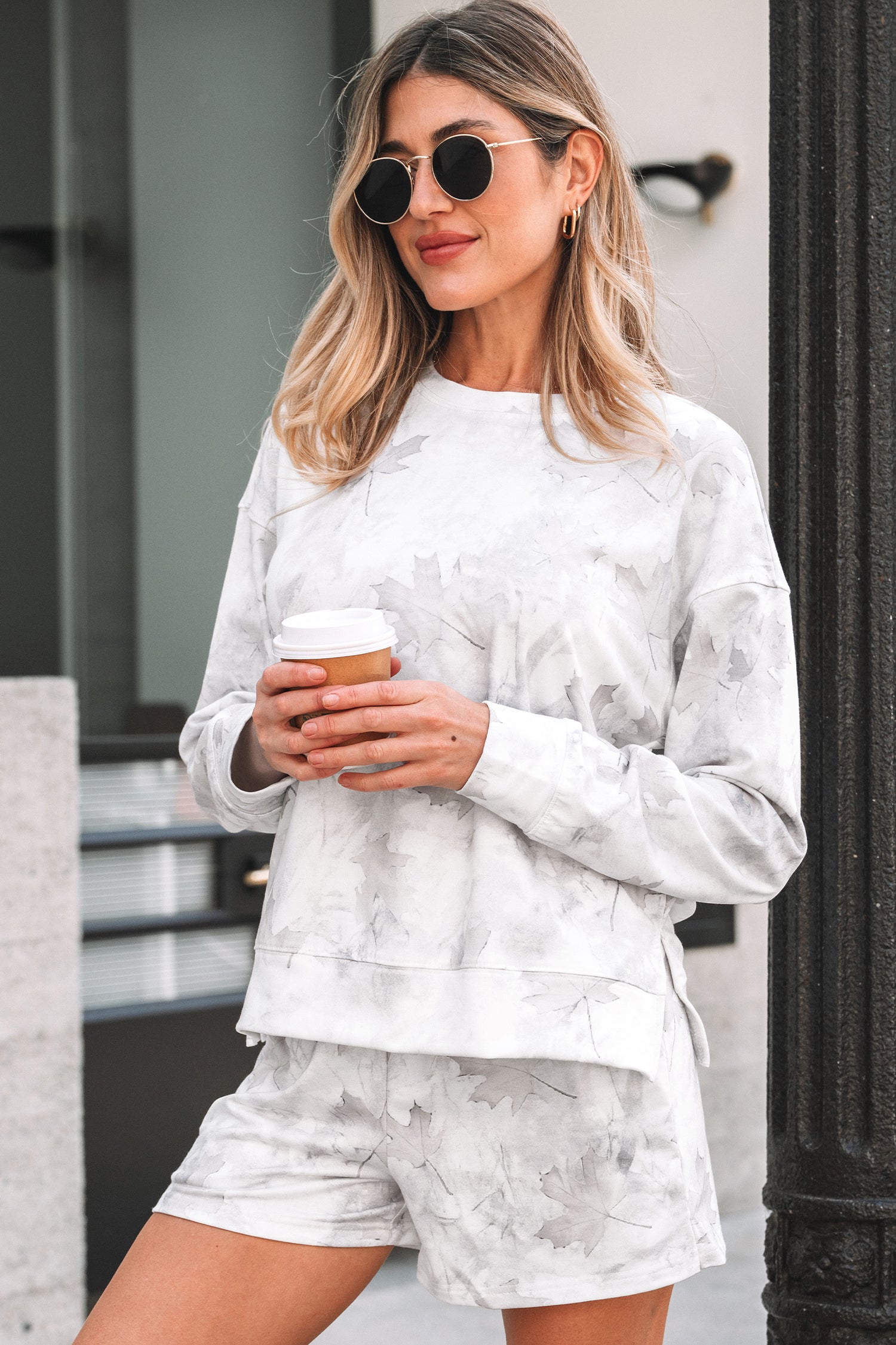 Beige Maple Camo Top and Elastic Waist Short Set
