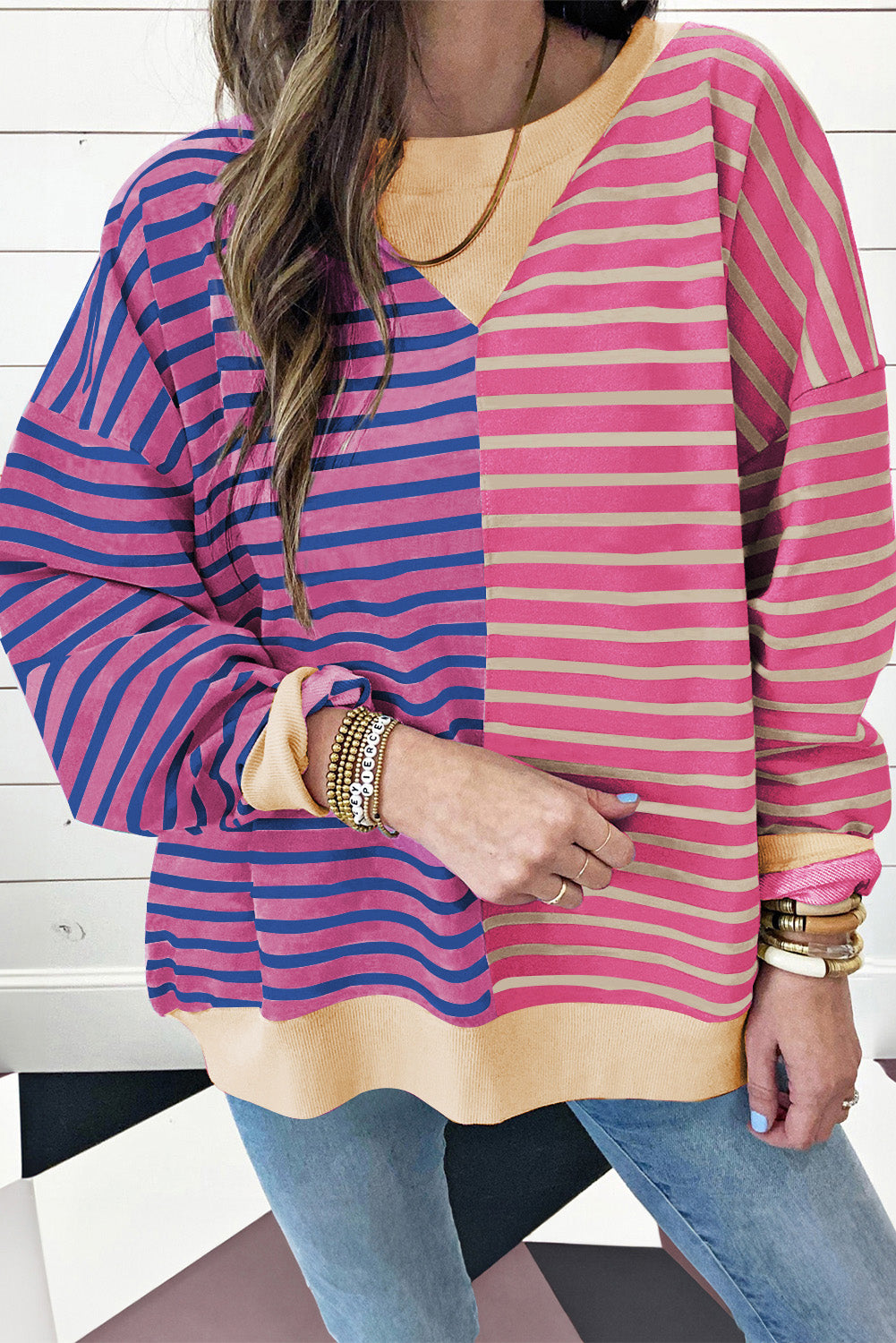 Casual Striped Colorblock Drop Shoulder Oversized Sweatshirt