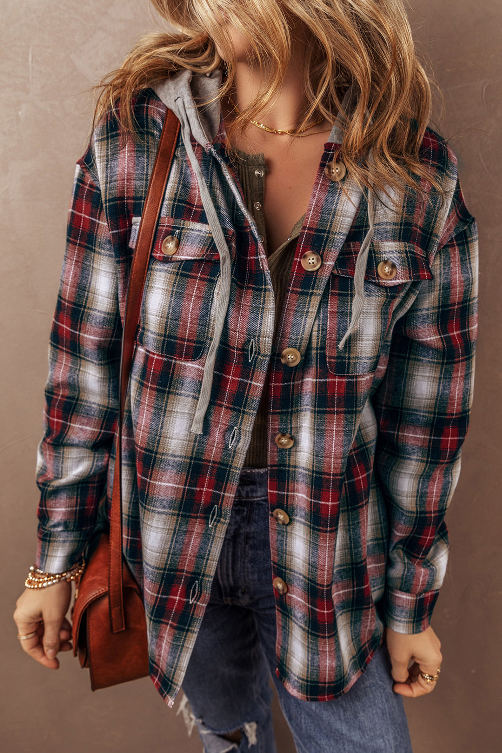 PRE-ORDER: Red Plaid Print Chest Pocket Button Hooded Shacket