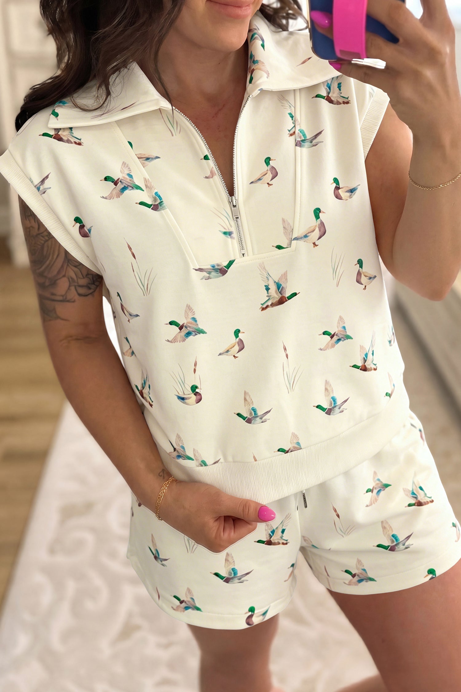PRE-ORDER: Mallard Printed Zip Polo Tee Drawstring Short Set