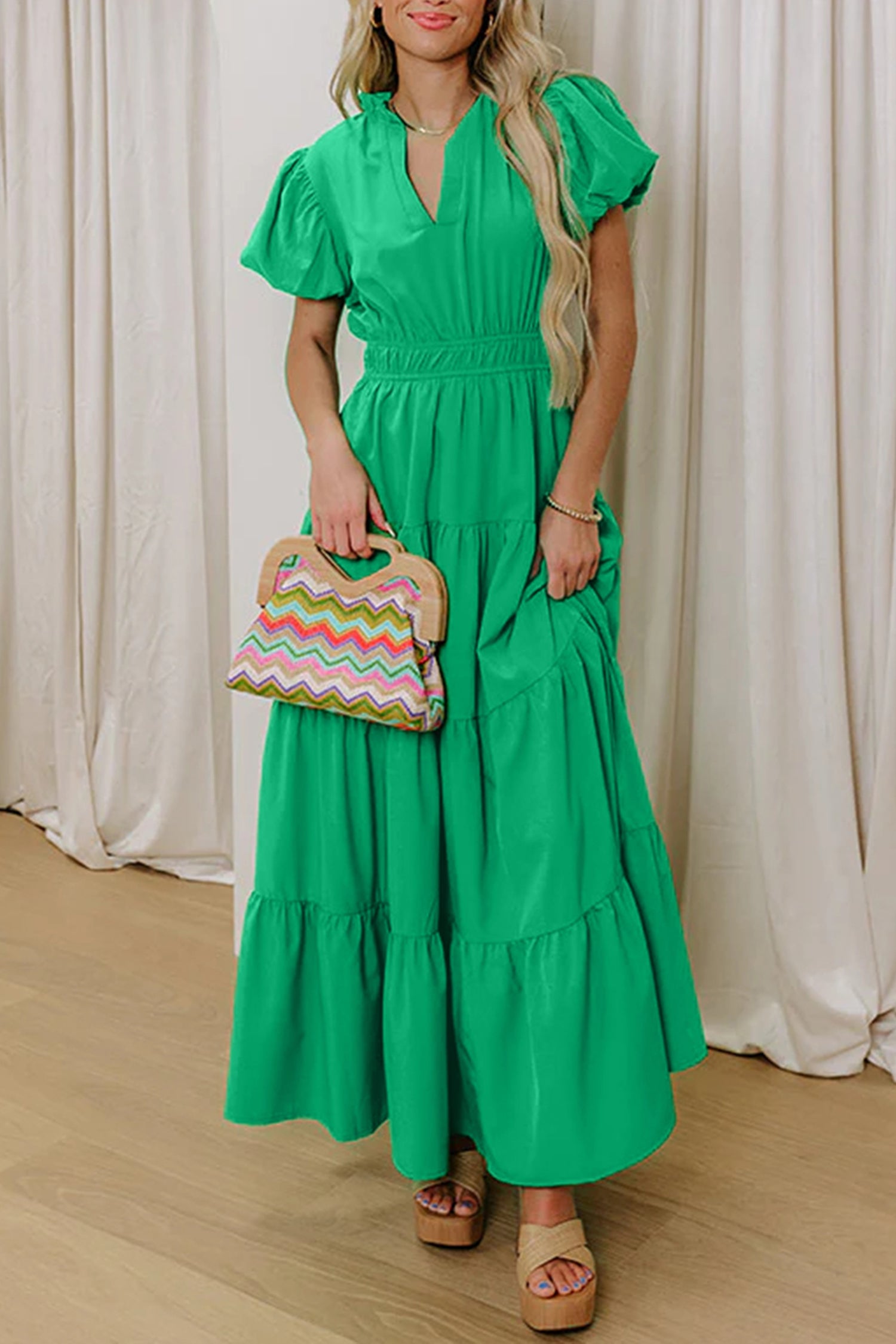 PRE-ORDER: Green V Neck Short Puff Sleeve High Waist Tiered Maxi Dress