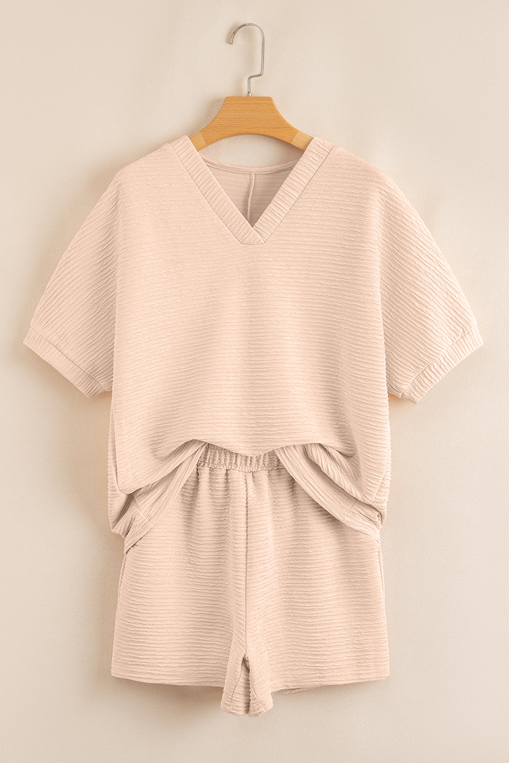 Textured V Neck Shorts Set