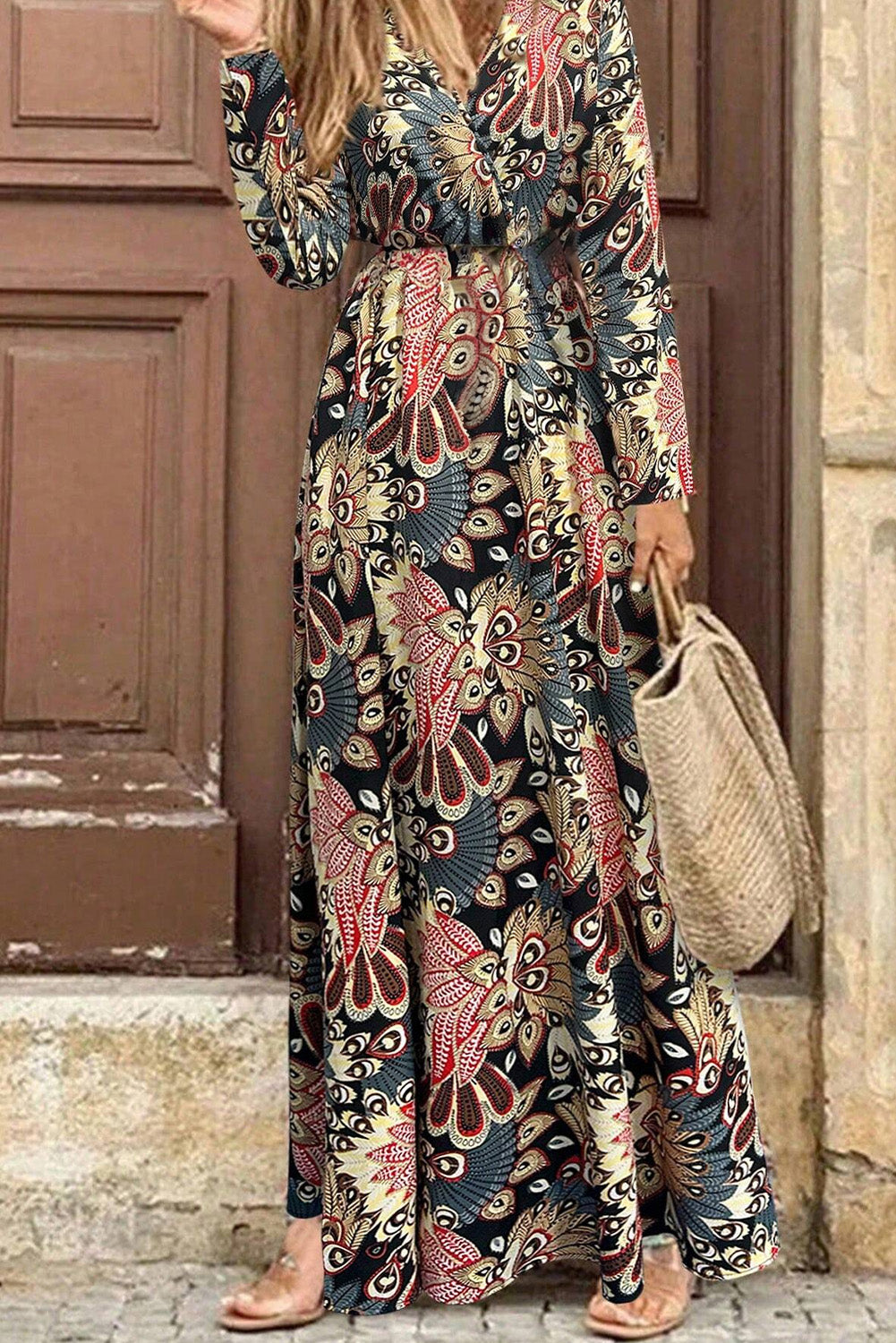 Black Floral V Neck Wrap High Waist Maxi Dress