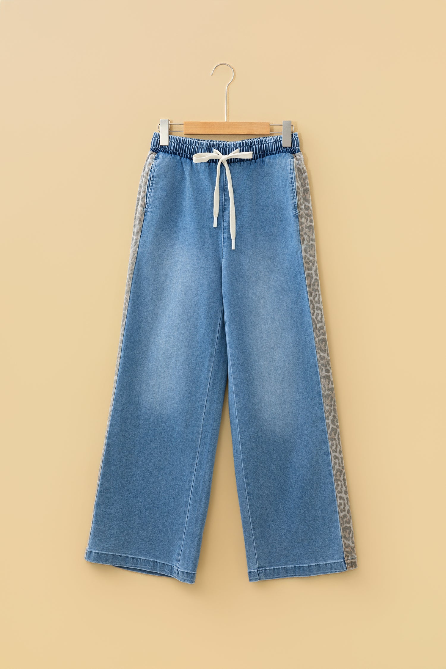 PRE-ORDER: Beau Blue Drawstring Elastic Waist Leopard Striped Side Panel Wide Leg Jeans
