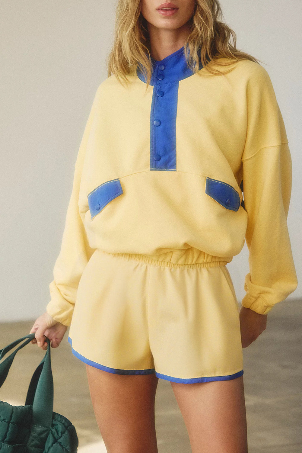 PRE-ORDER: Colorblock Patchwork Half Button Pullover and Shorts Outfit