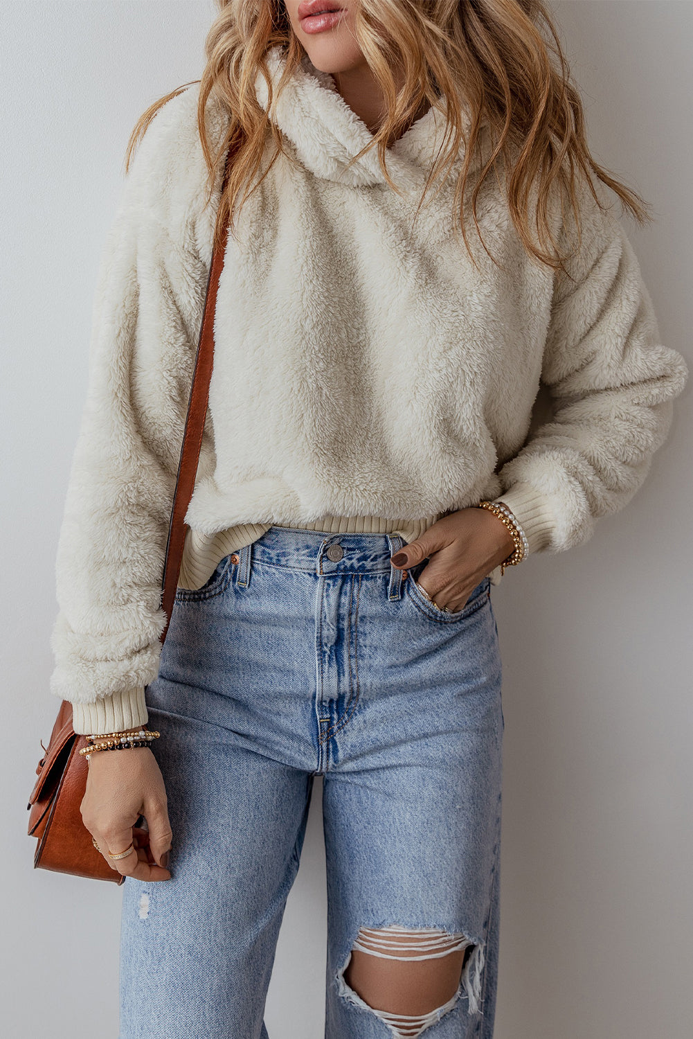 White Ribbed Edge Plush Hoodie
